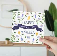 Personalised Birthday Card with name, with Envelope, Floral design with ribbon, Greetings Card for her him