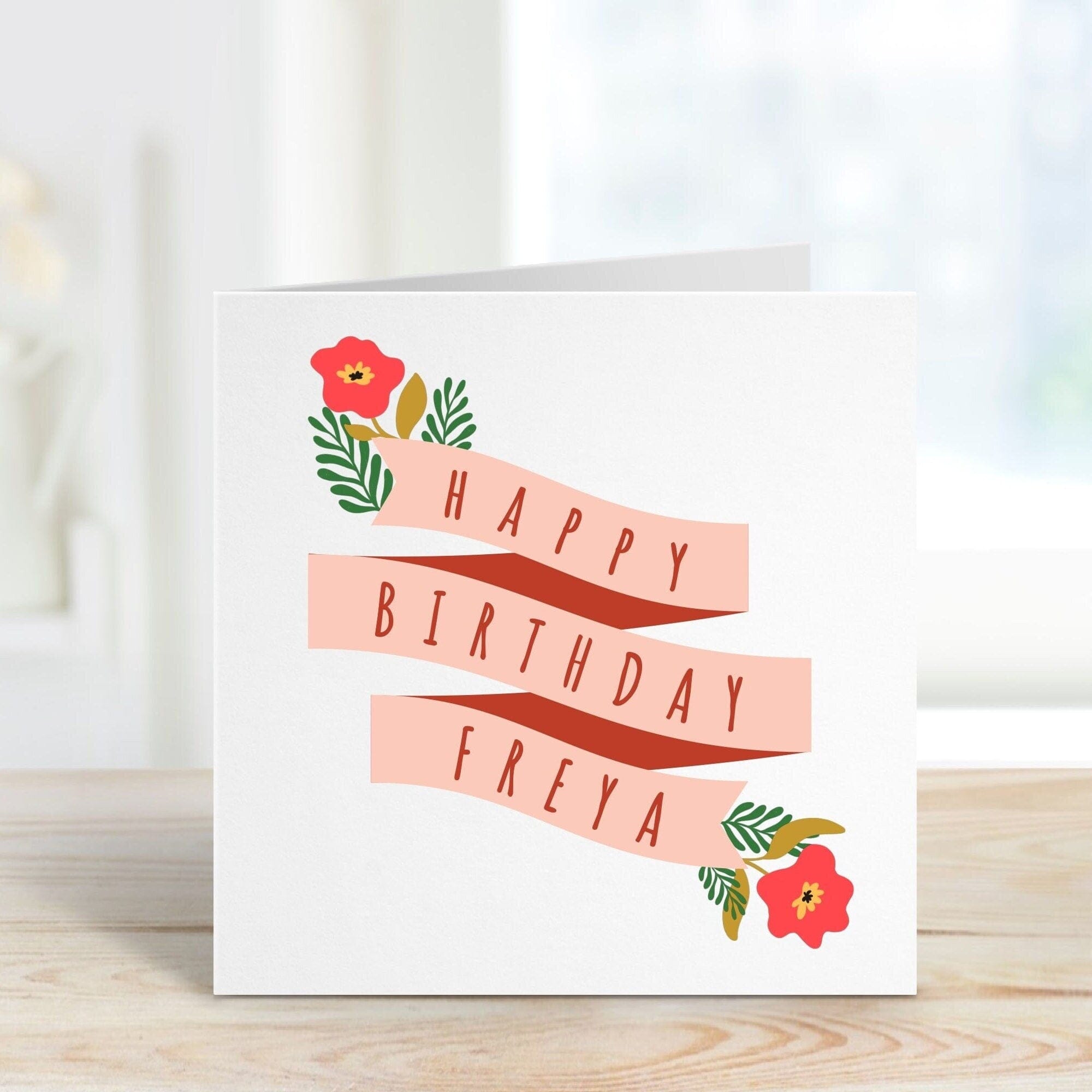 Personalised Birthday Card with name, with Envelope, Floral design with ribbon, Happy Birthday Gift Card