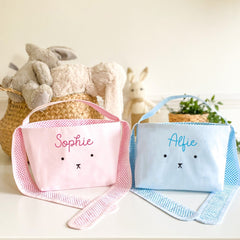 Personalised Bunny Easter basket with long ears, Pink or blue cotton egg hunt bag, Easter decoration