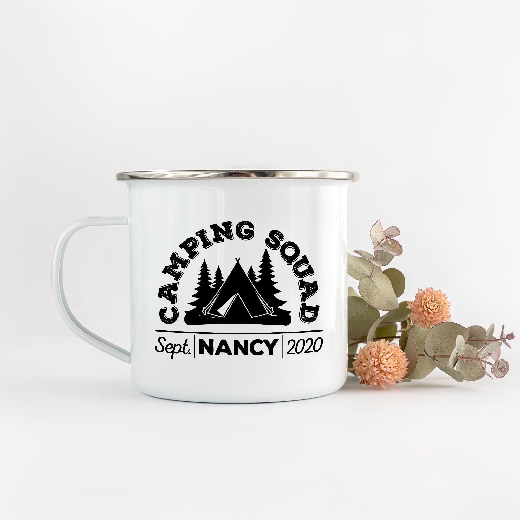Personalised camping squad mug with name and camp date, Camping gift