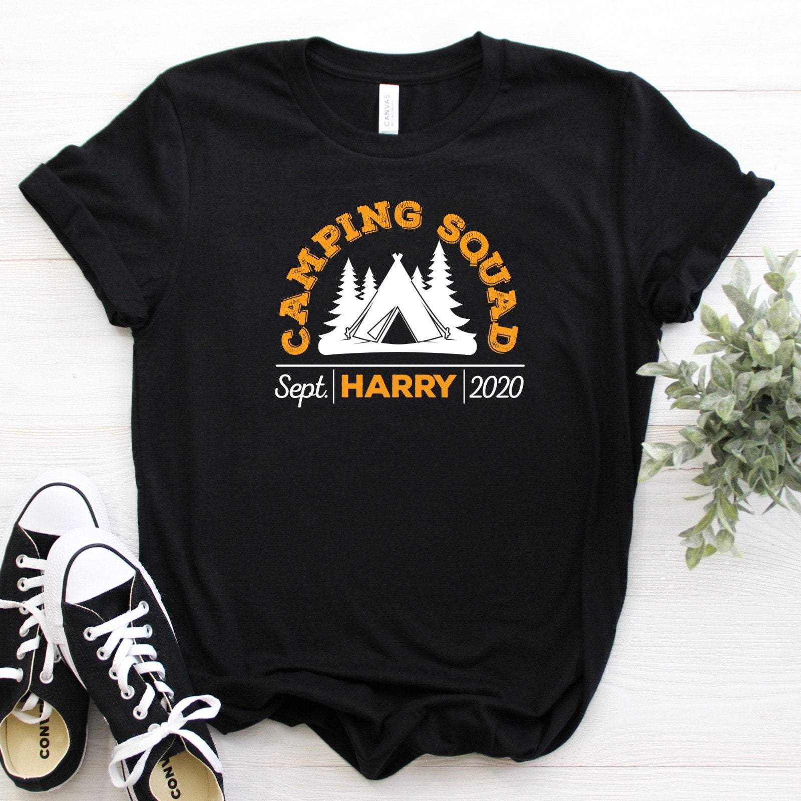Personalised camping squad T-shirt with date and name, Hiking Gift Shirt, Nature Lover Gift