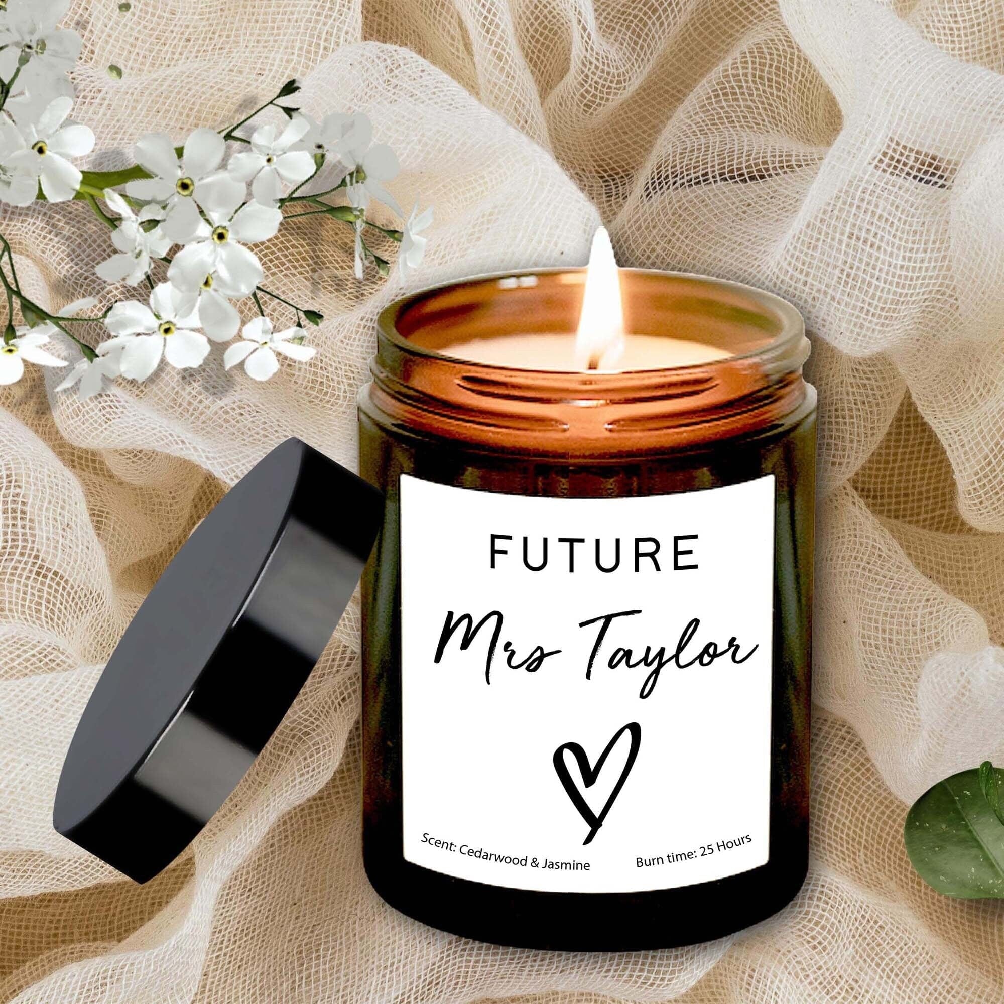 Personalised Candle for Bride, Hen Party Gift for Future Mrs, Bride's last names