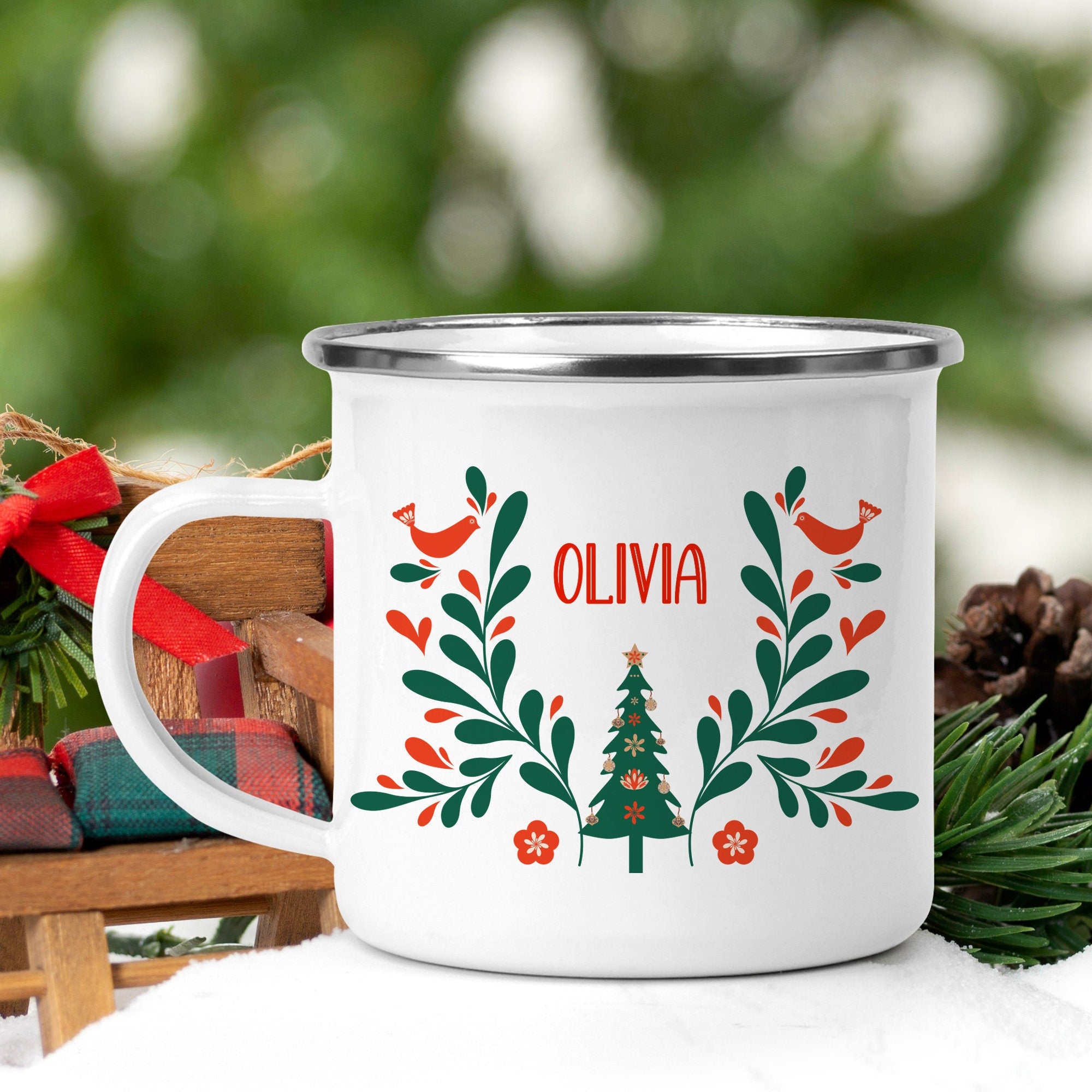 Personalised Christmas Enamel Mug With Name, Xmas Gift For Him Her Kids, Unbreakable Cup