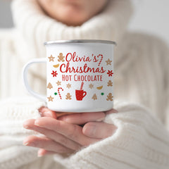 Personalised Christmas hot chocolate enamel mug, Gift for him, her, kids