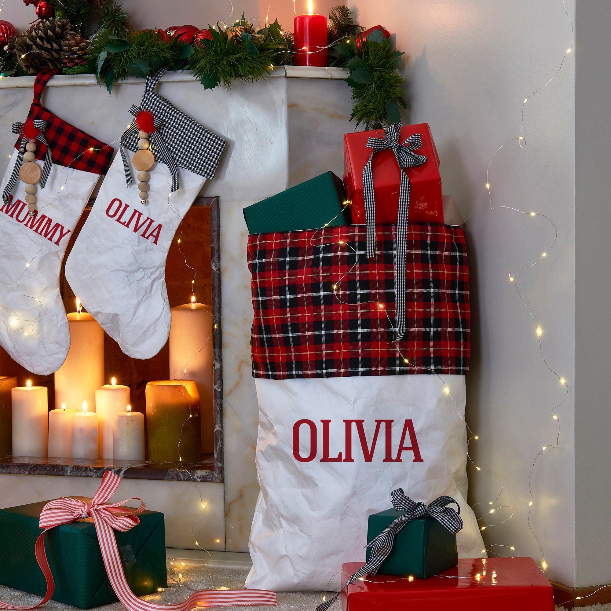 Personalised Christmas sack with red plaid detail 49x65 cm Family Xmas Decoration Handmade