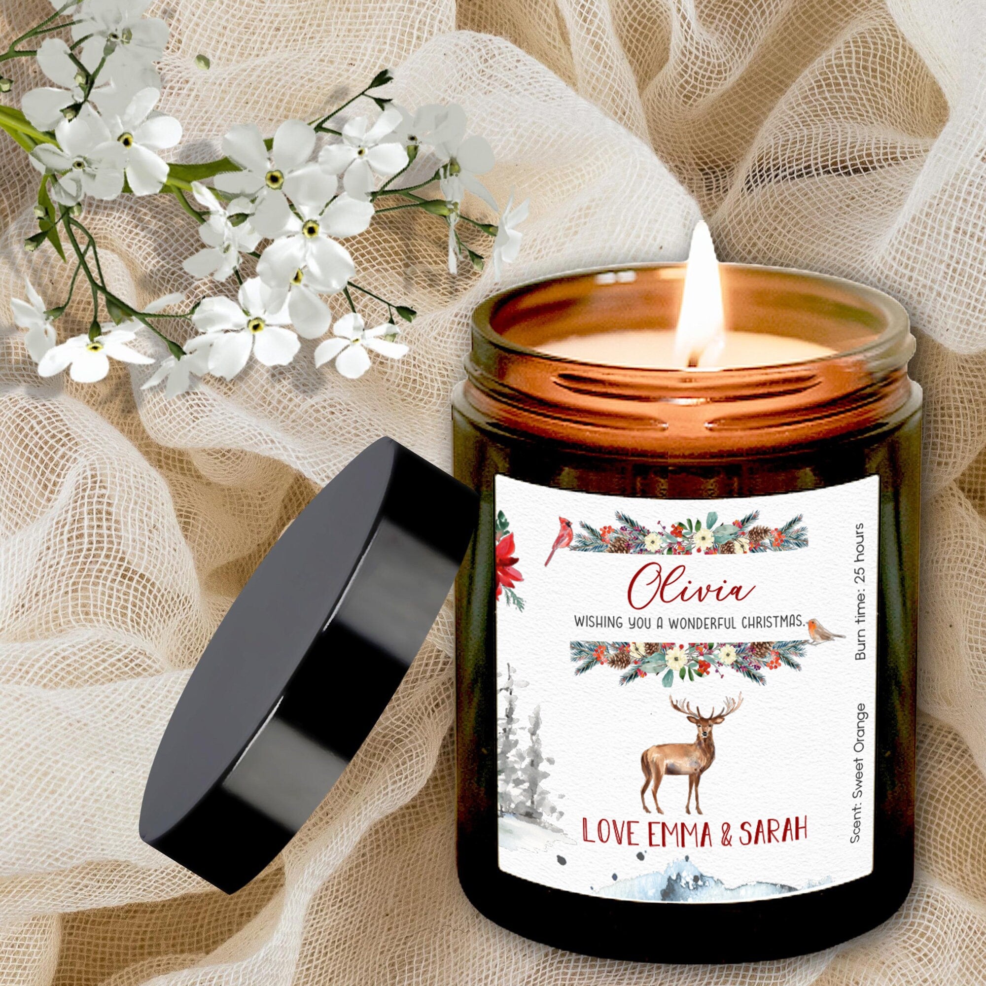 Personalised Christmas Scented Candle With Names, Gift For Her, Reindeer Merry Xmas Candle