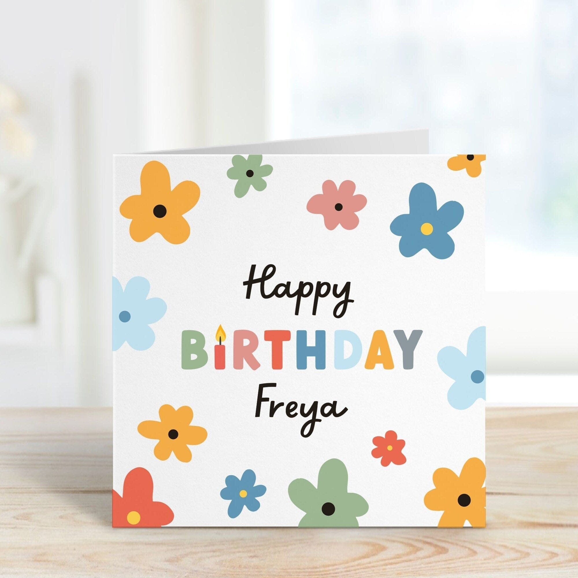 Personalised Colourful Flower Birthday Card with Envelope, Floral design w name, Greetings Card for her him