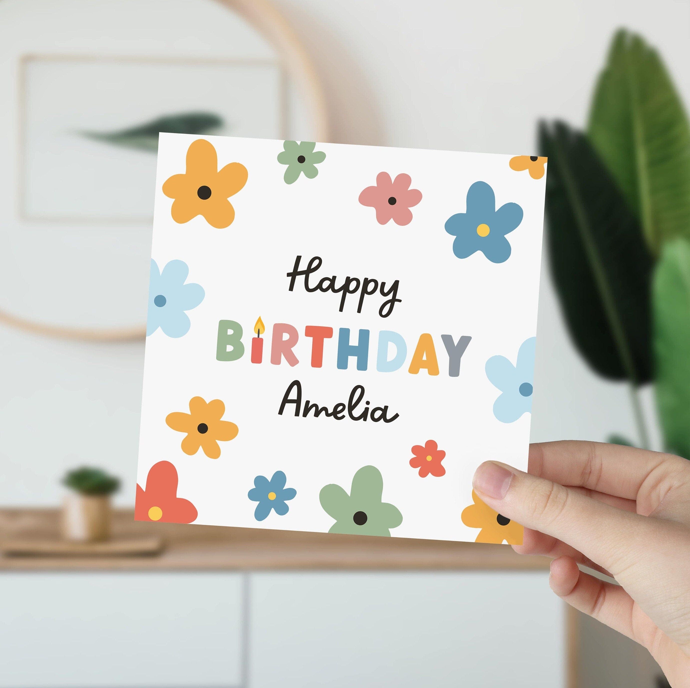 Personalised Colourful Flower Birthday Card with Envelope, Floral design w name, Greetings Card for her him
