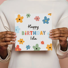 Personalised Colourful Flower Birthday Card with Envelope, Floral design w name, Greetings Card for her him