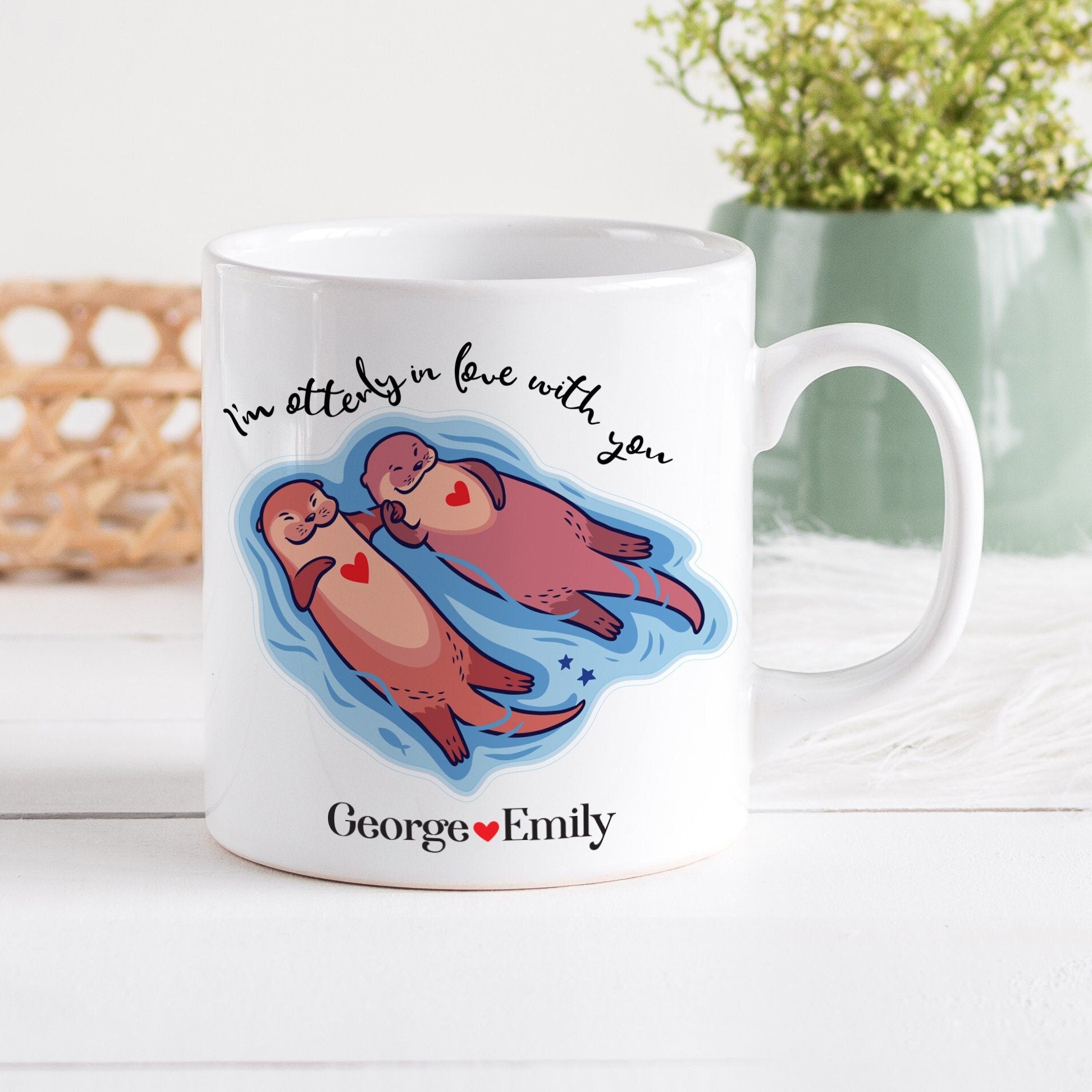 Personalised Couple Mug with Otters, Valentine's Day Gift for Her Him Wife