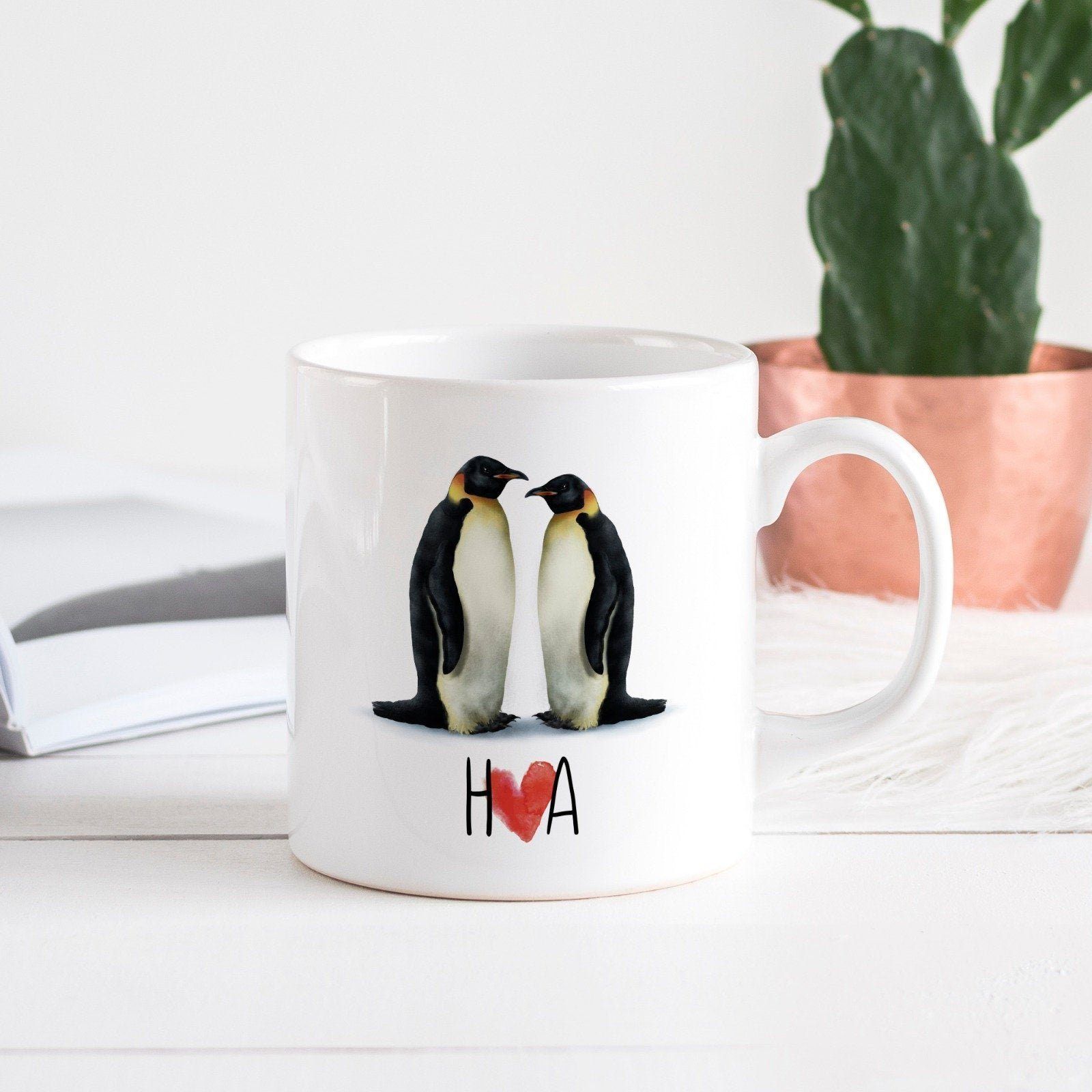 Personalised couple penguins mug with initials, Valentines gift, wife and husband