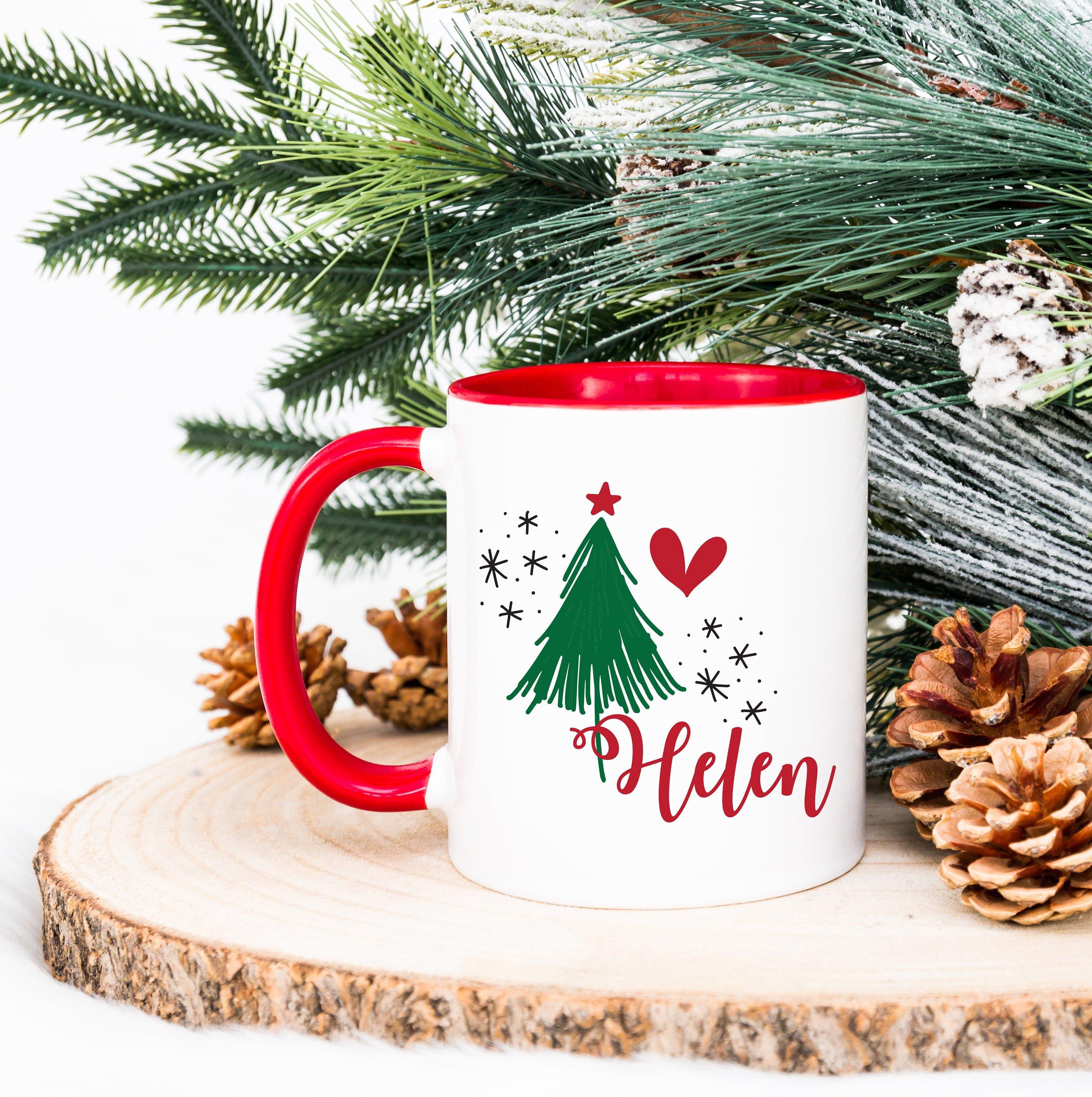 Personalised Cute Christmas tree name mug with Red Inner & Handle, Christmas Gift for her