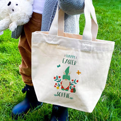Personalised cute gnome mini Easter bag with name, Egg hunt bags, Girls or boys baskets