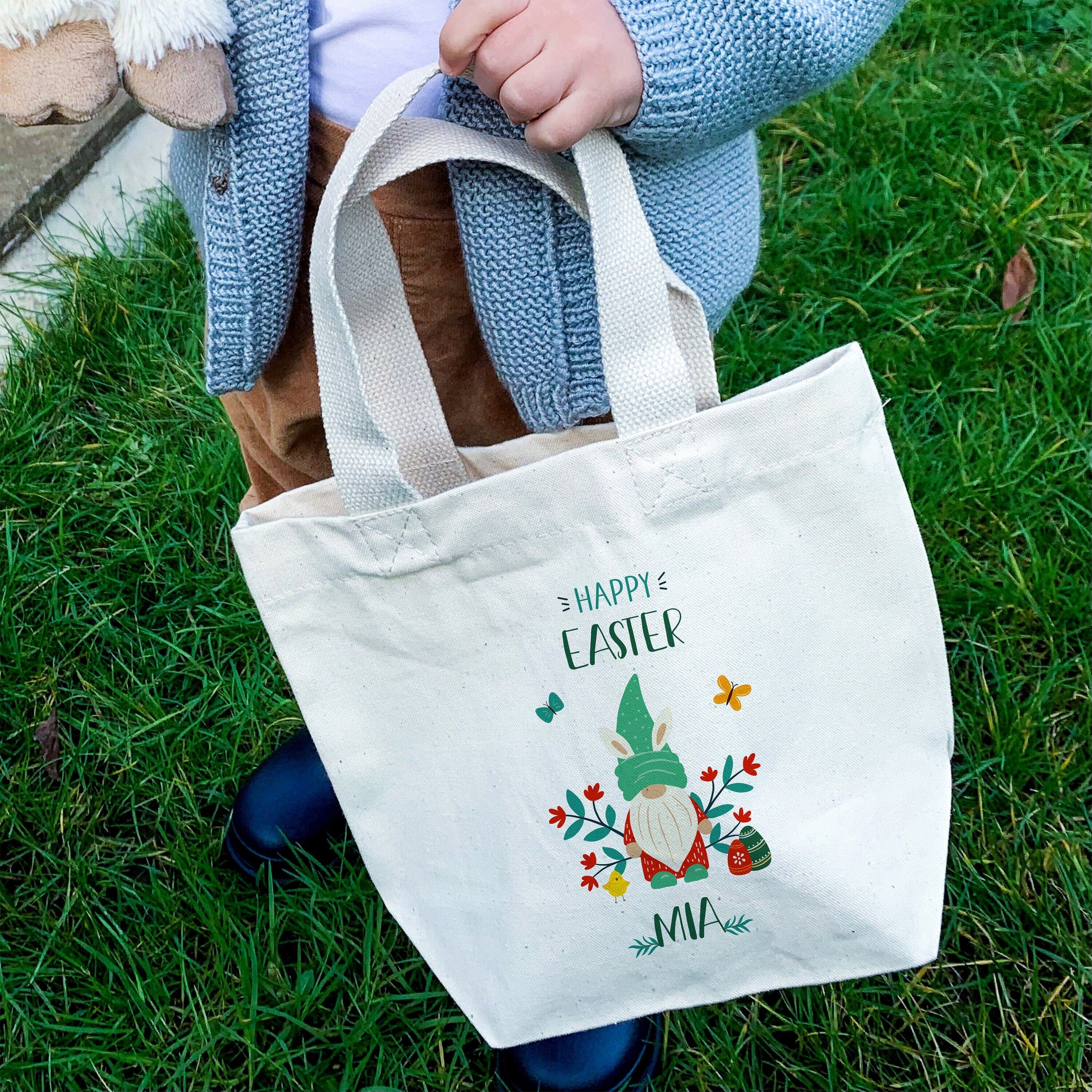 Personalised cute gnome mini Easter bag with name, Egg hunt bags, Girls or boys baskets