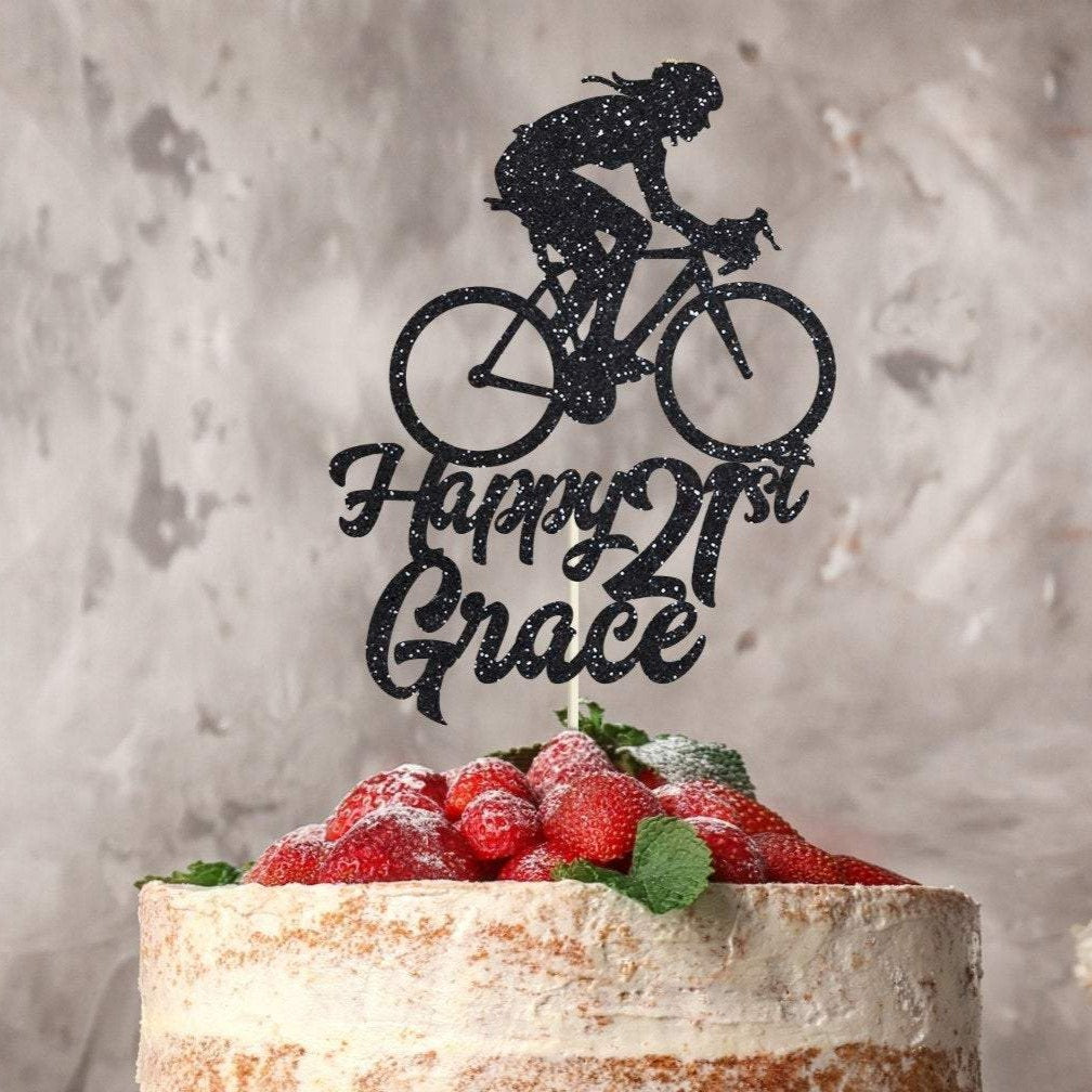 Personalised Cycling Name and Age Birthday Cake Topper, Bicycle, Bike, Cyclist party decor