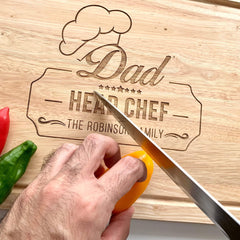 Personalised Dad head chef engraved wooden chopping board, Meat Board 40x30