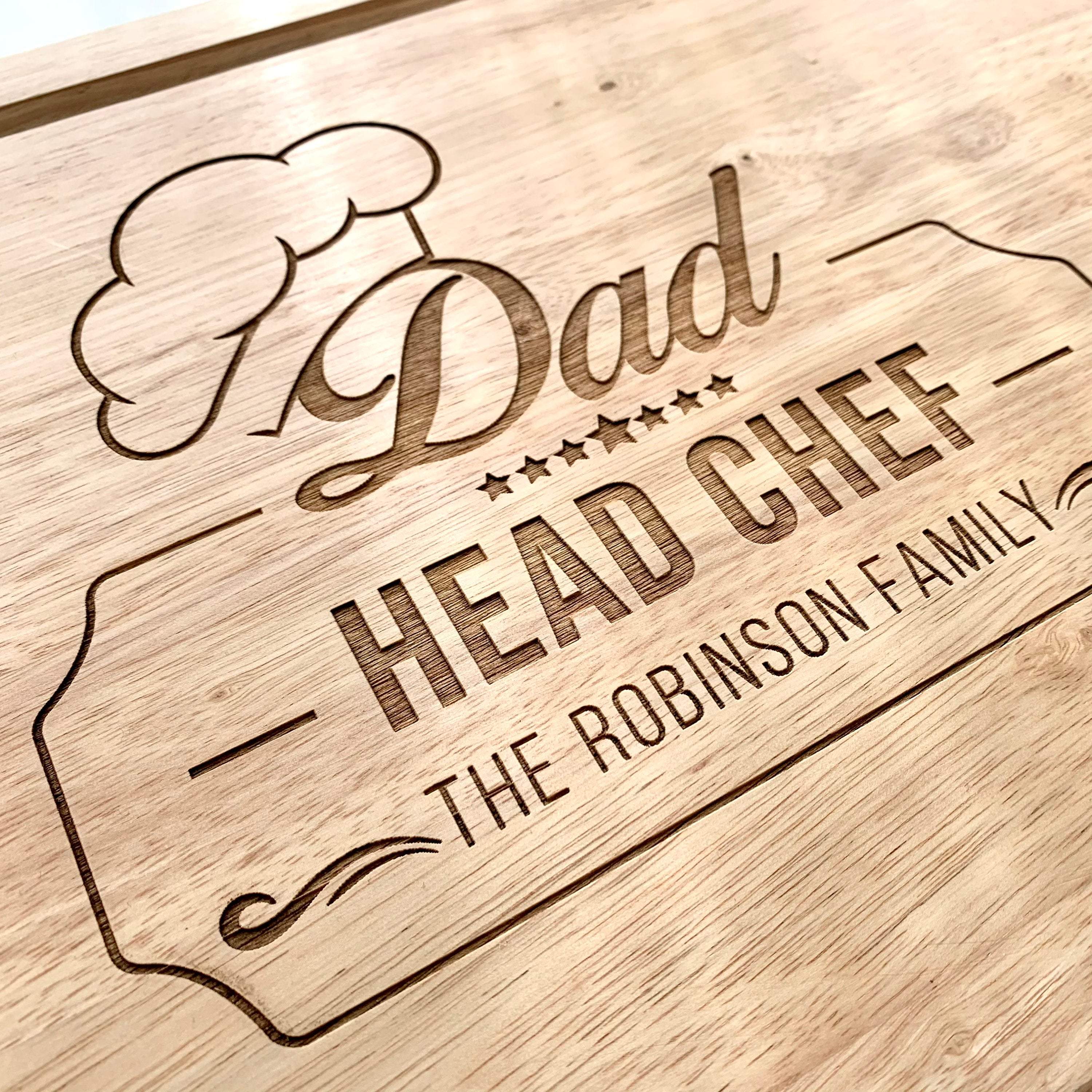Personalised Dad head chef engraved wooden chopping board, Meat Board 40x30