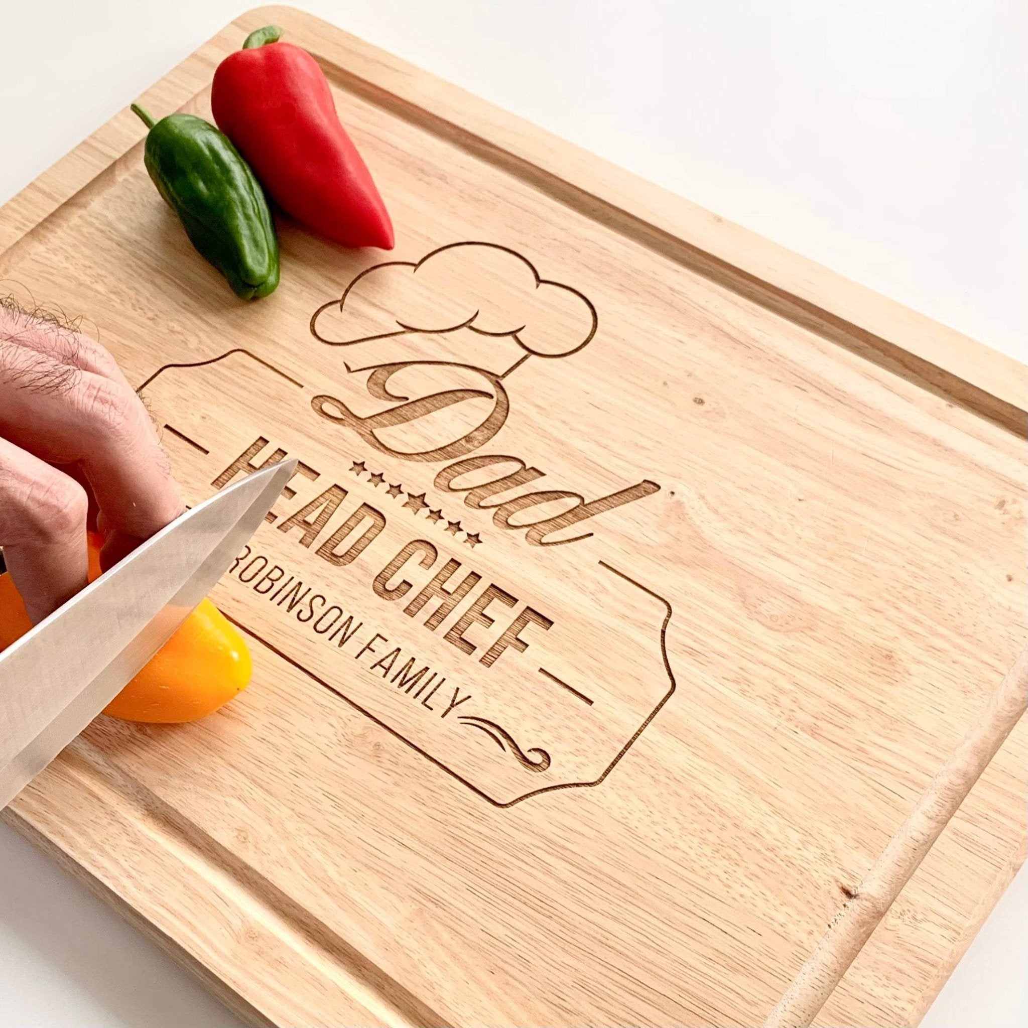 Personalised Dad head chef engraved wooden chopping board, Meat Board 40x30