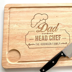 Personalised Dad head chef engraved wooden chopping board, Meat Board 40x30