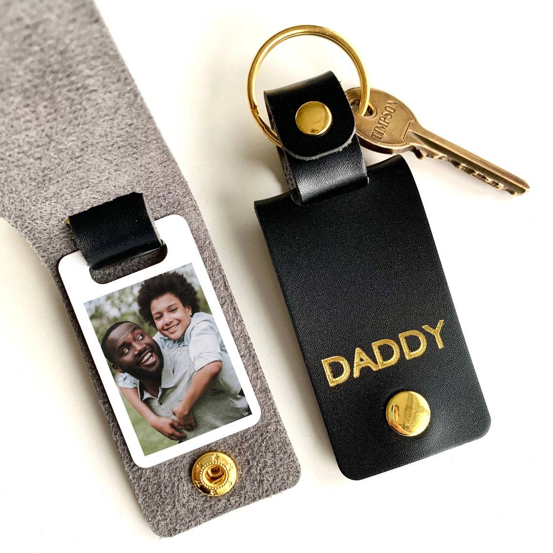 Personalised Dad Photo Keyring, Daddy Leather Photo Keychain, Father's Day gift for him