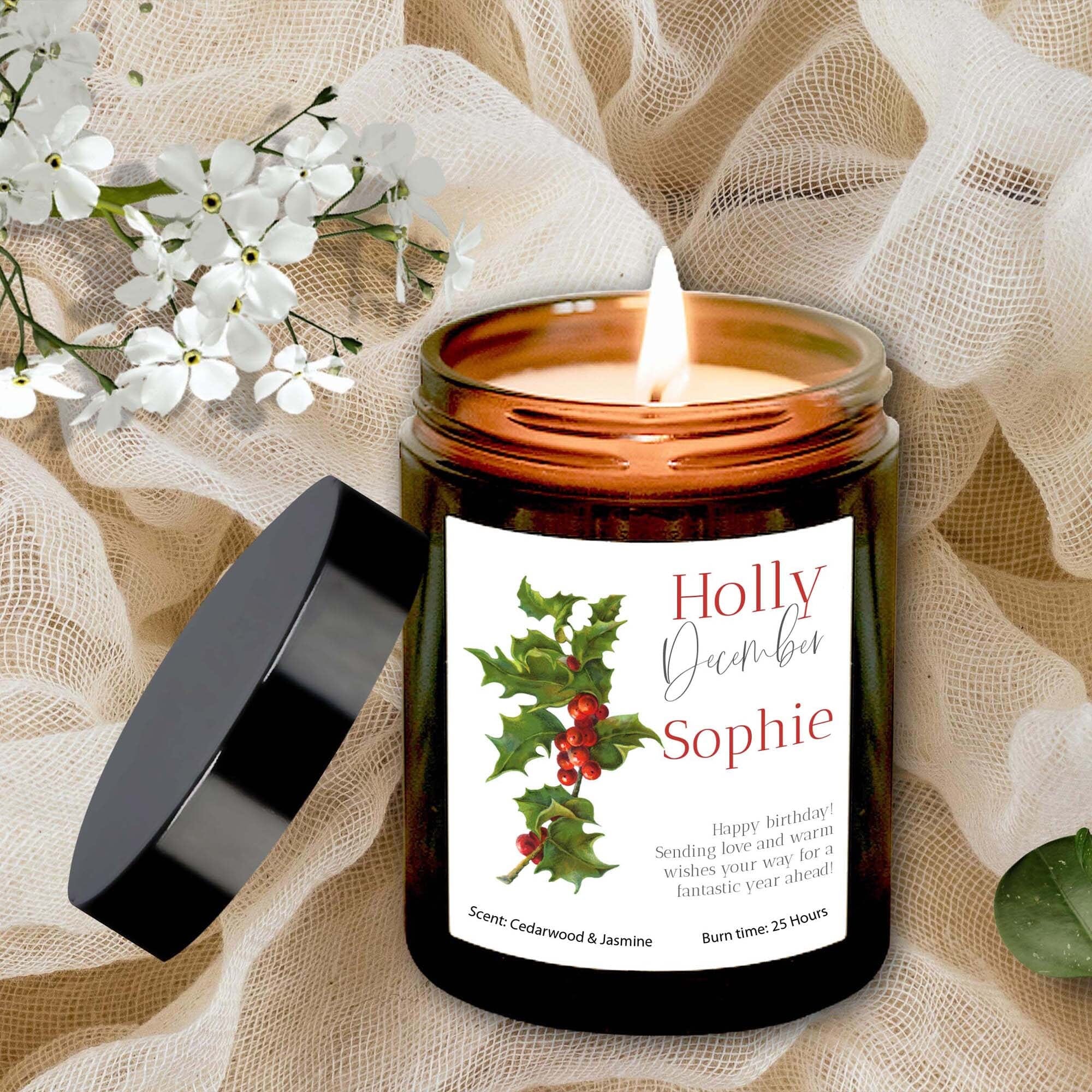 Personalised December Birth Flower Gift Candle with your message, Birthday Gift for Her