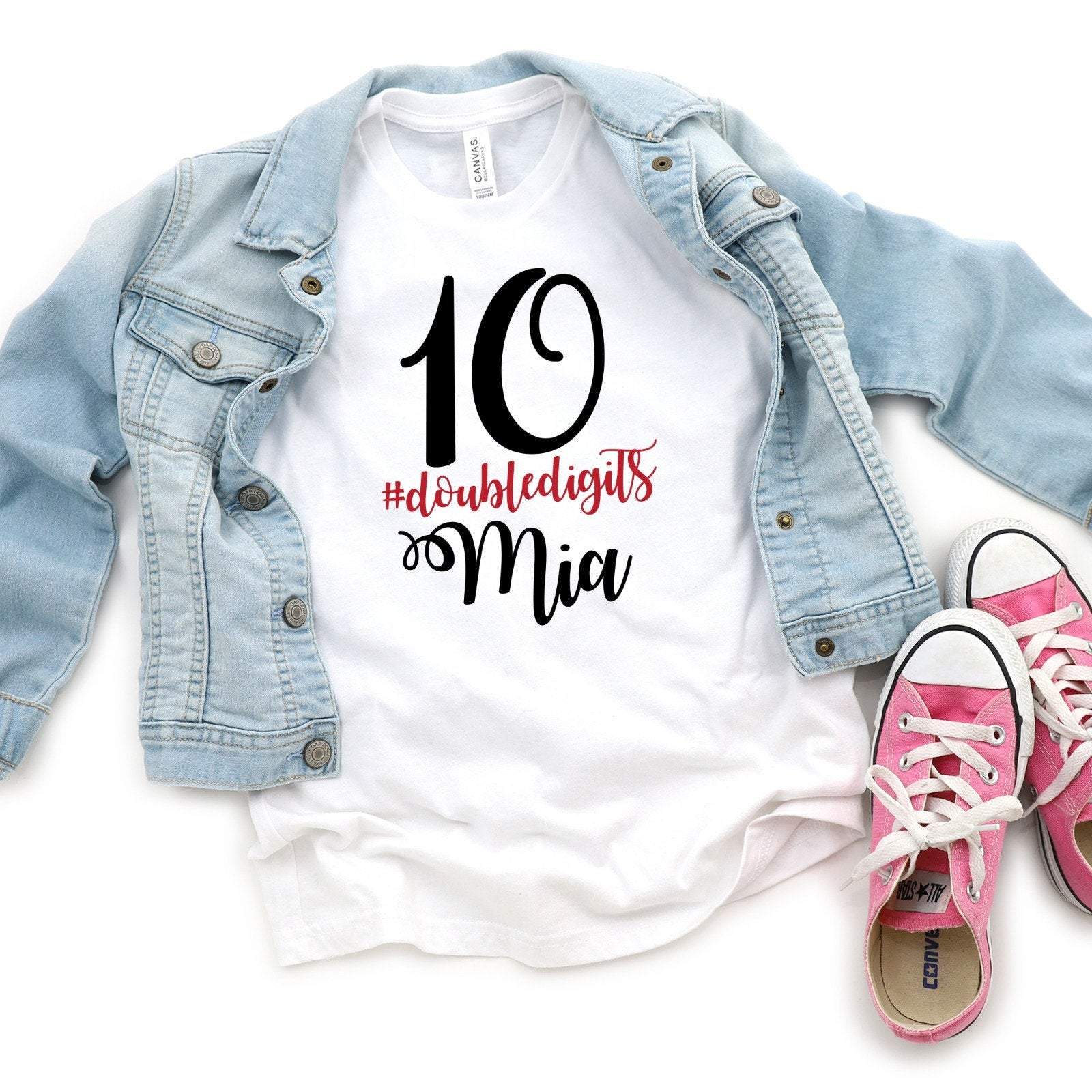 Personalised double digits kids 10th birthday t-shirt, boys t-shirt, girls t-shirt