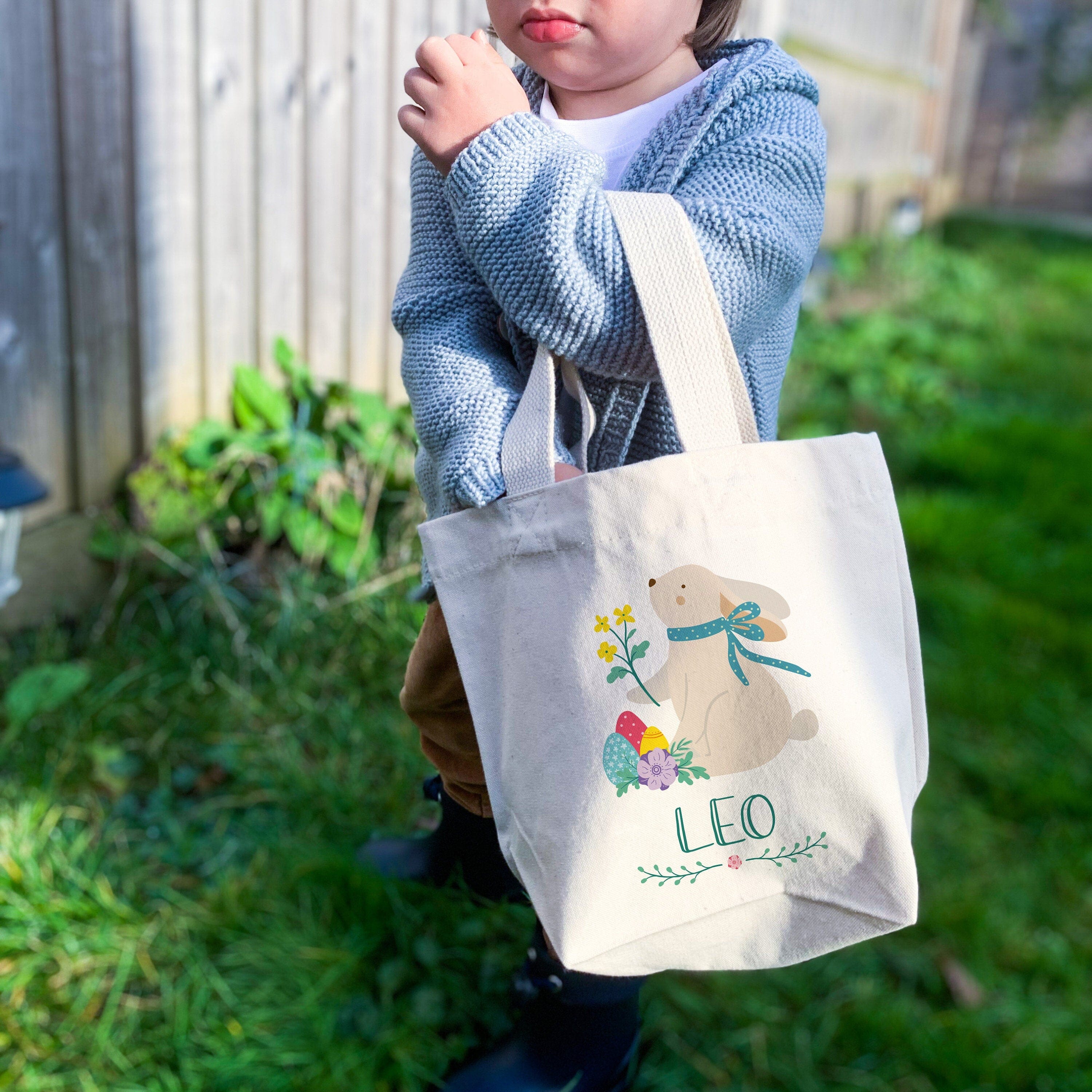 Personalised Easter bunny mini tote bag, Kids Basket for boys girls, First 1st Egg hunt bag