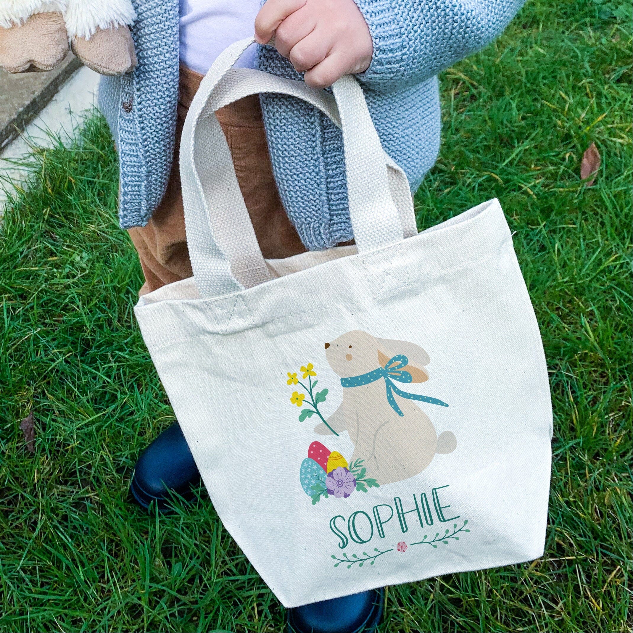 Personalised Easter bunny mini tote bag, Kids Basket for boys girls, First 1st Egg hunt bag