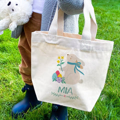 Personalised Easter bunny mini tote bag, Kids Basket for boys girls, First 1st Egg hunt bag