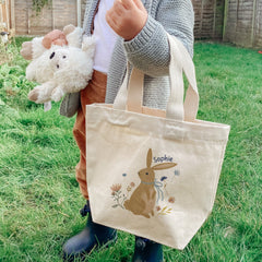 Personalised Easter bunny mini tote bag with name, Kids Basket for boys girls, Spring baby birthday gift
