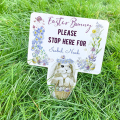 Personalised Easter Bunny Stop Here Sign with name, Easter Decoration, Stake Egg Hunt Garden Decor