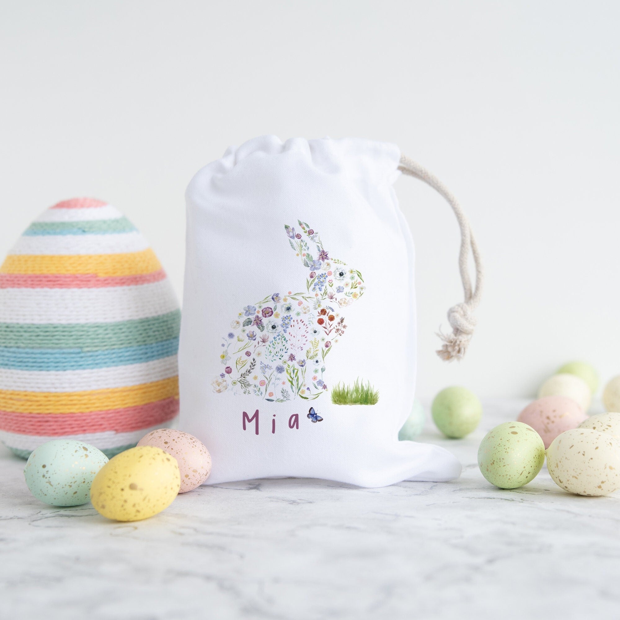 Personalised Egg Hunt Bag,s Easter Stuff Bags With Name, Easter Bunny Rabbit Gift
