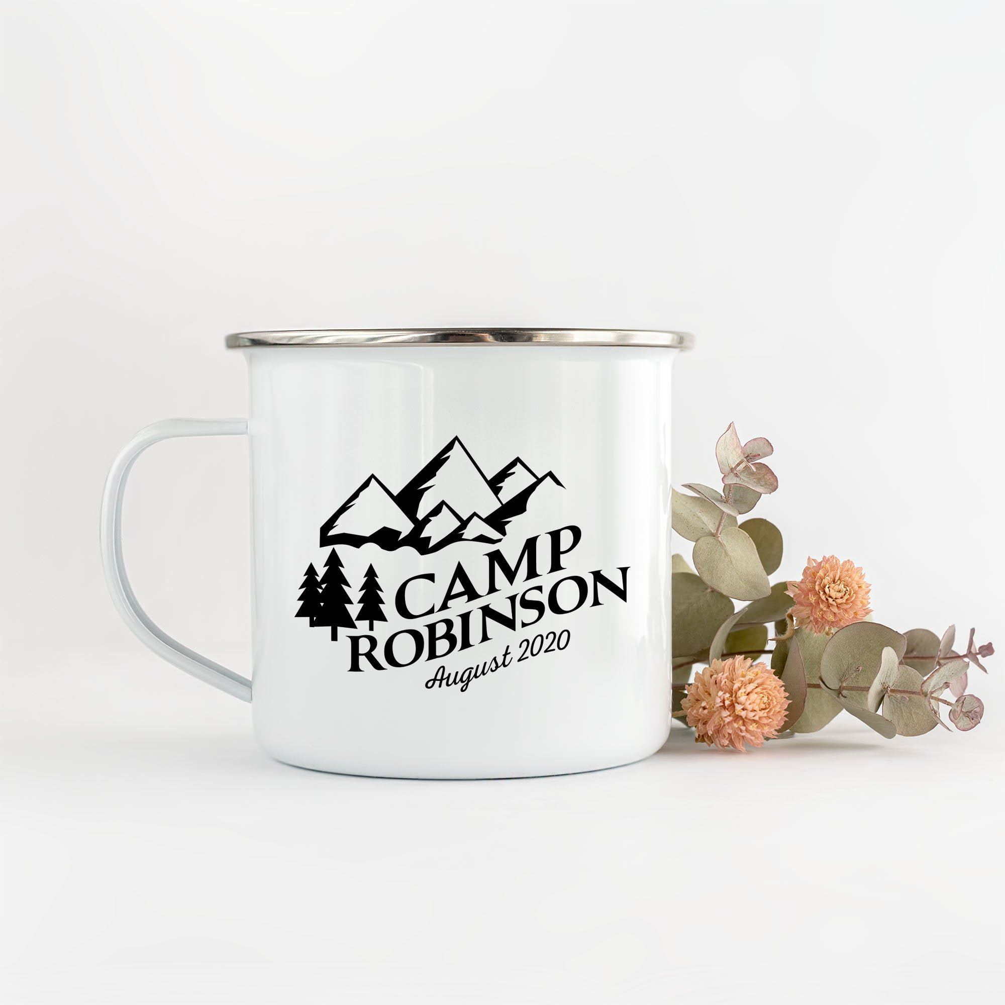 Personalised enamel camper mug with name and camp date, Outdoor, Trailer Gift