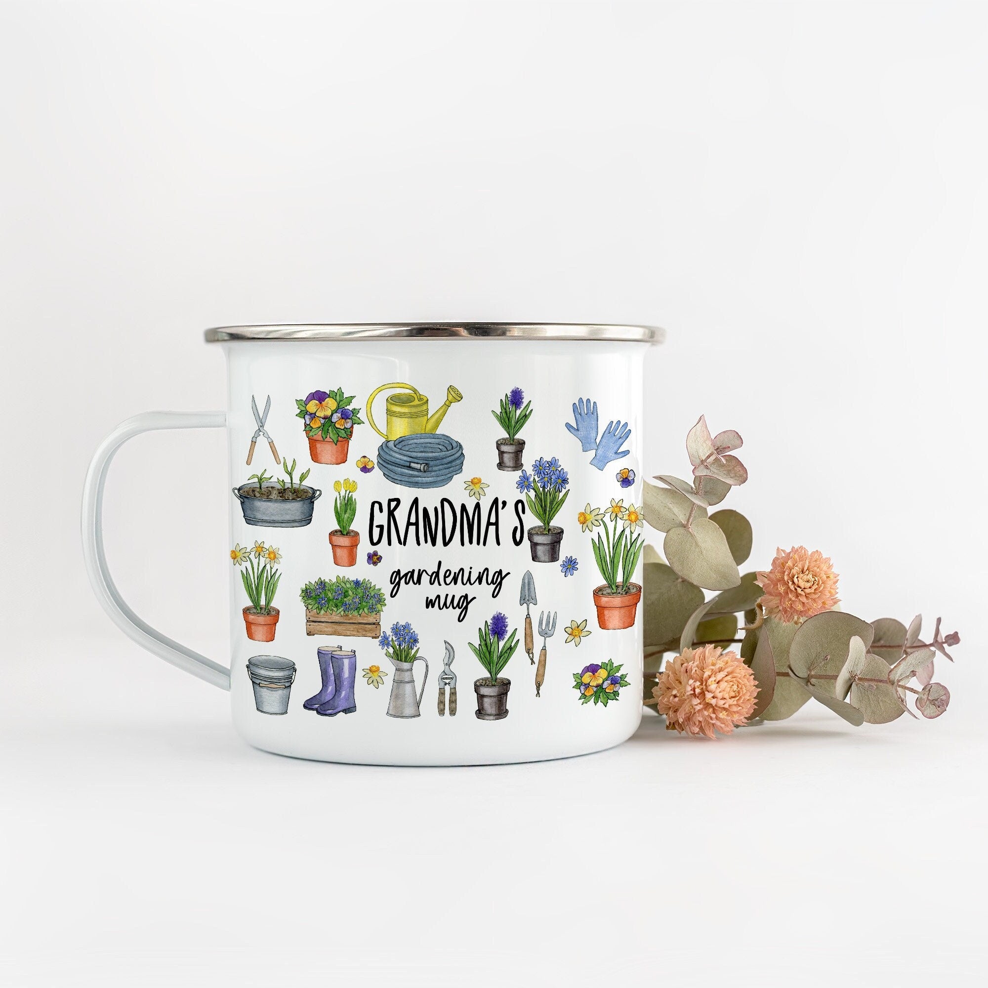 Personalised Enamel Gardening Mug, Garden Gift for Him And Her Couple Present, Allotment Head Gardener