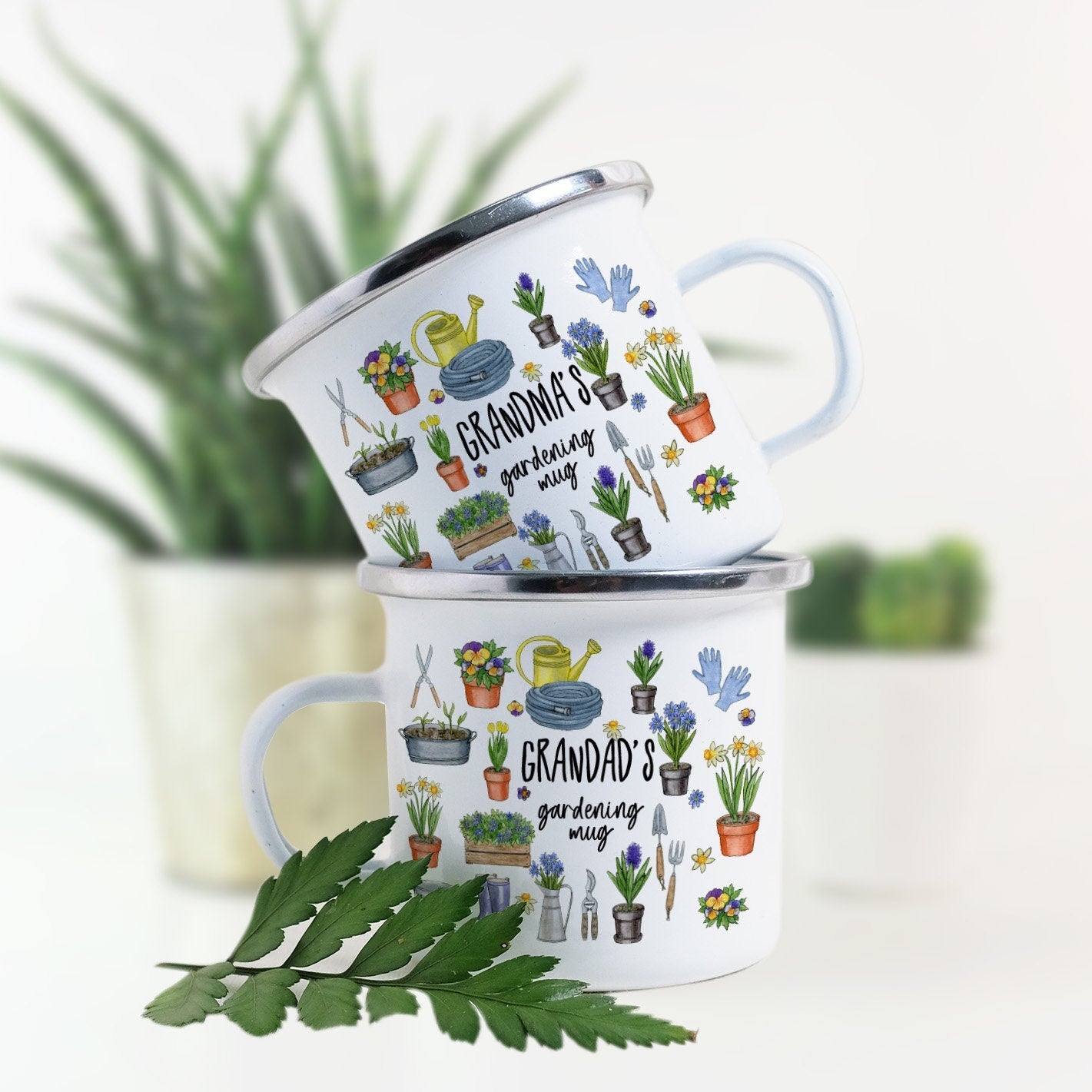 Personalised Enamel Gardening Mug, Garden Gift for Him And Her Couple Present, Allotment Head Gardener