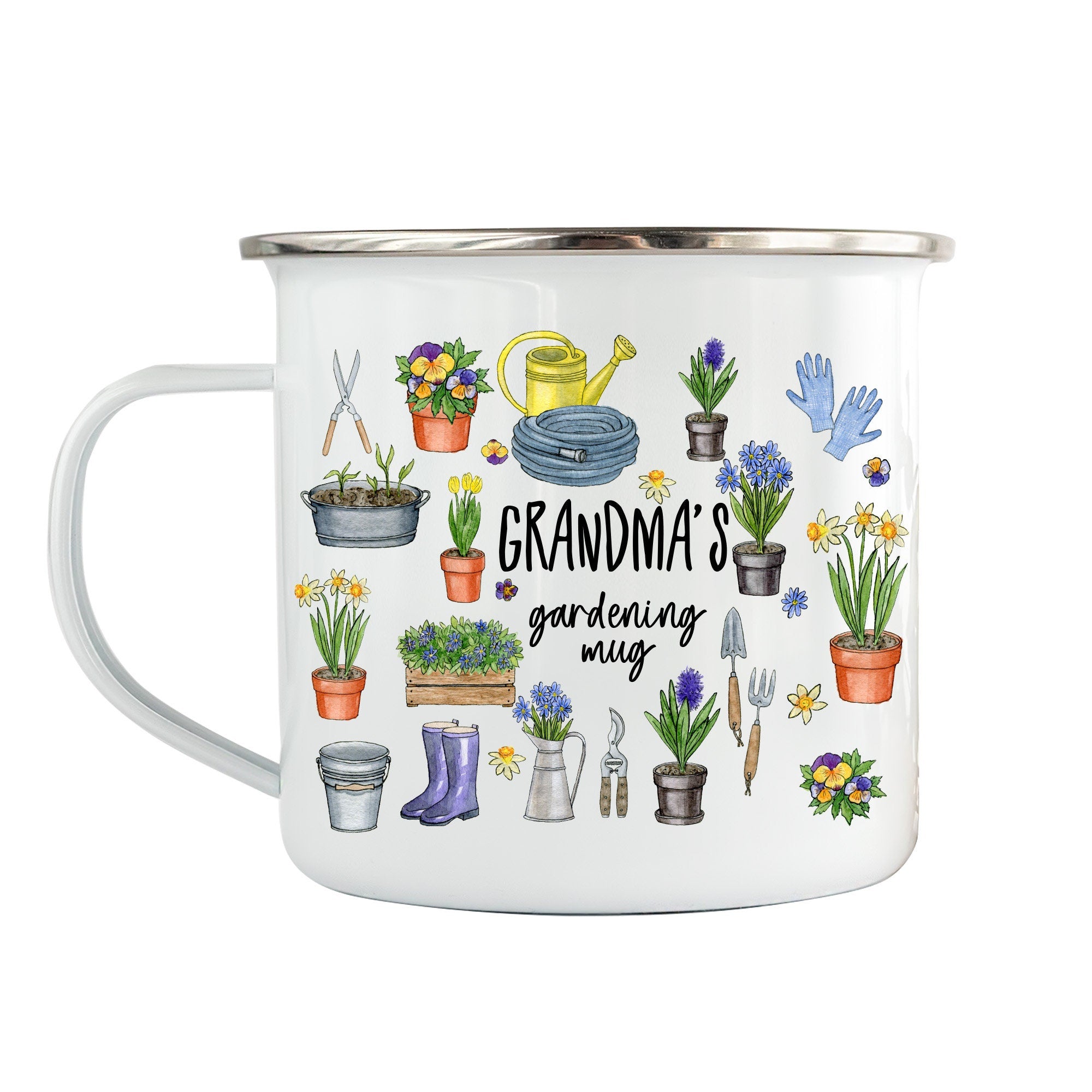 Personalised Enamel Gardening Mug, Garden Gift for Him And Her Couple Present, Allotment Head Gardener