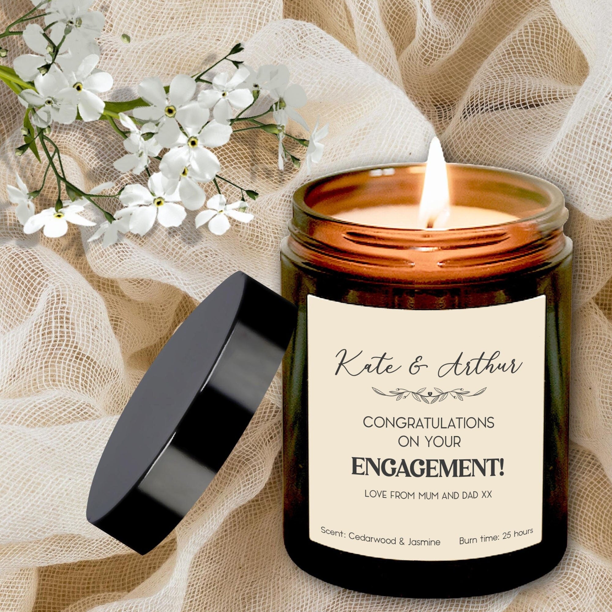 Personalised Engagement Candle with Names, Mr Mrs gift, Soy Wax (no paraffin)
