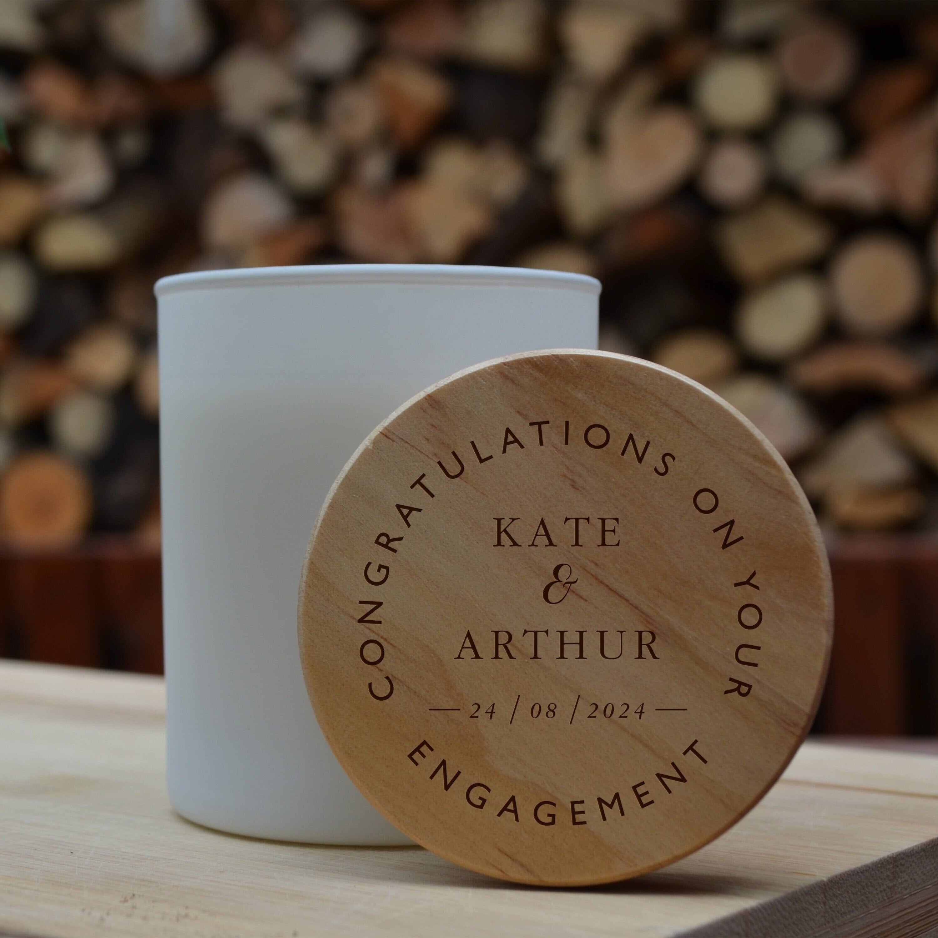 Personalised Engagement Candle with Wooden Engraving Lid, Gift for Engaged Couple