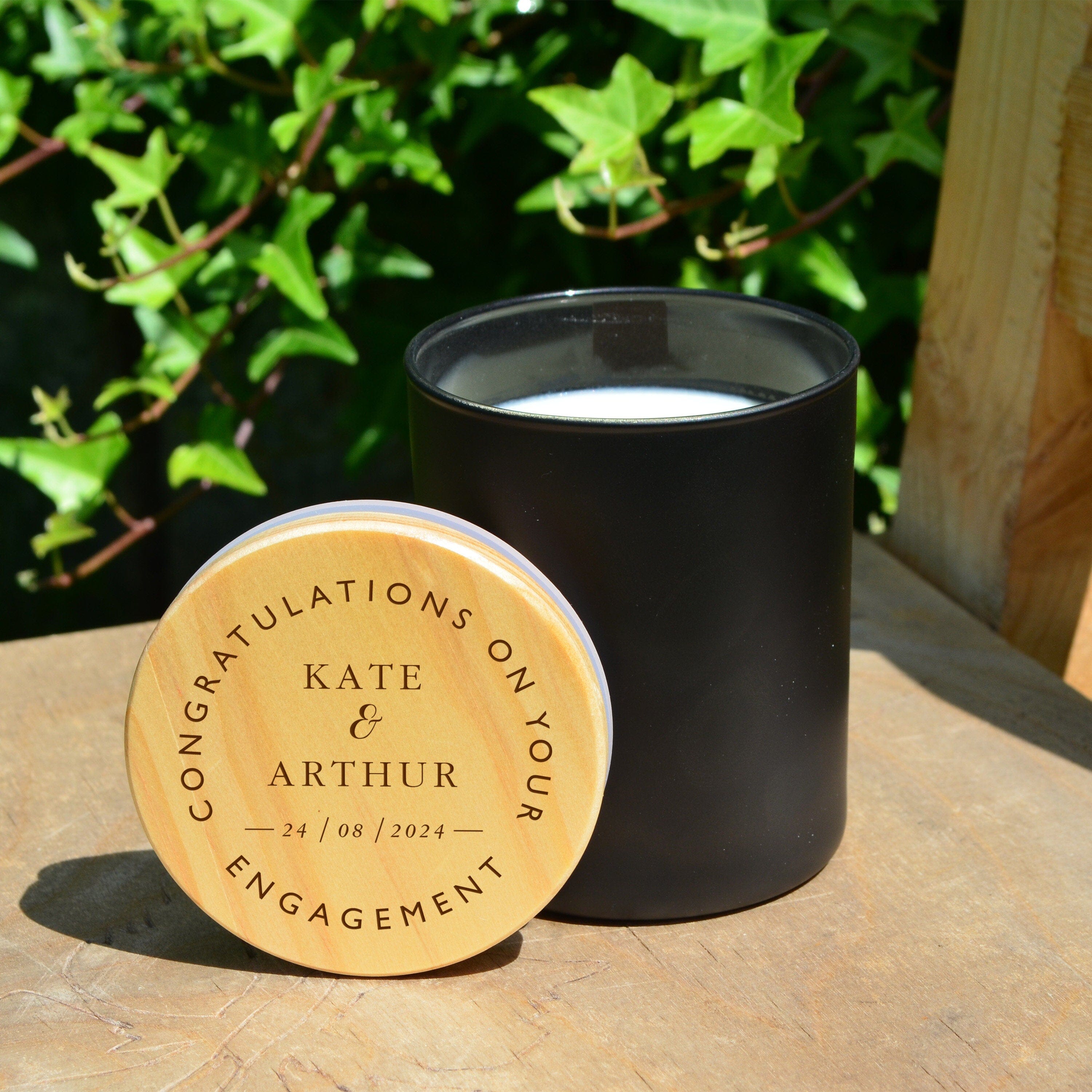 Personalised Engagement Candle with Wooden Engraving Lid, Gift for Engaged Couple