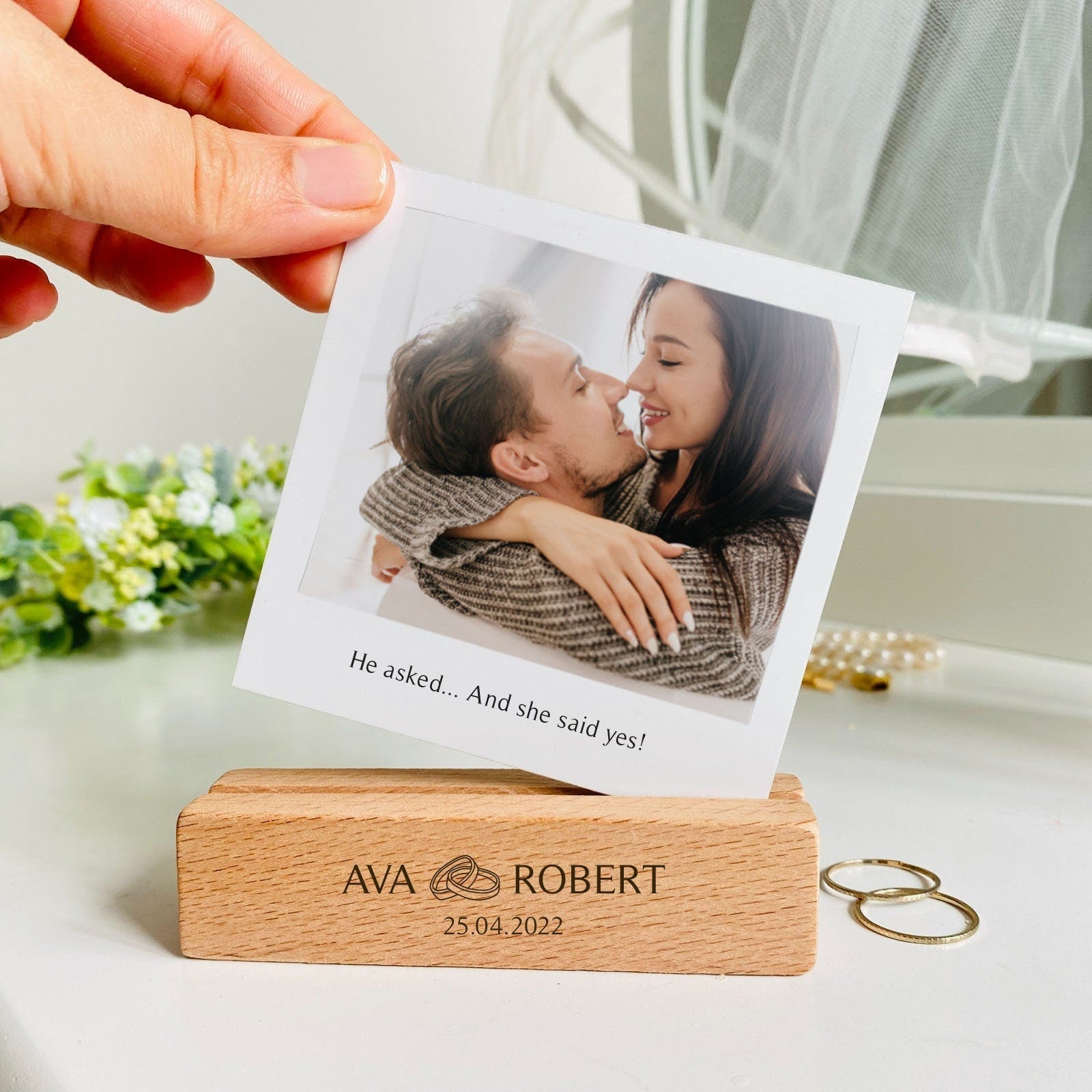 Personalised Engagement Or Wedding Gift, Polaroid Photo Laser Engraved Names Wooden Stand And Hidden Message