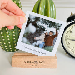Personalised Engagement Or Wedding Gift, Polaroid Photo Laser Engraved Names Wooden Stand And Hidden Message