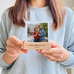 Personalised Engagement Or Wedding Gift, Polaroid Photo Laser Engraved Names Wooden Stand And Hidden Message