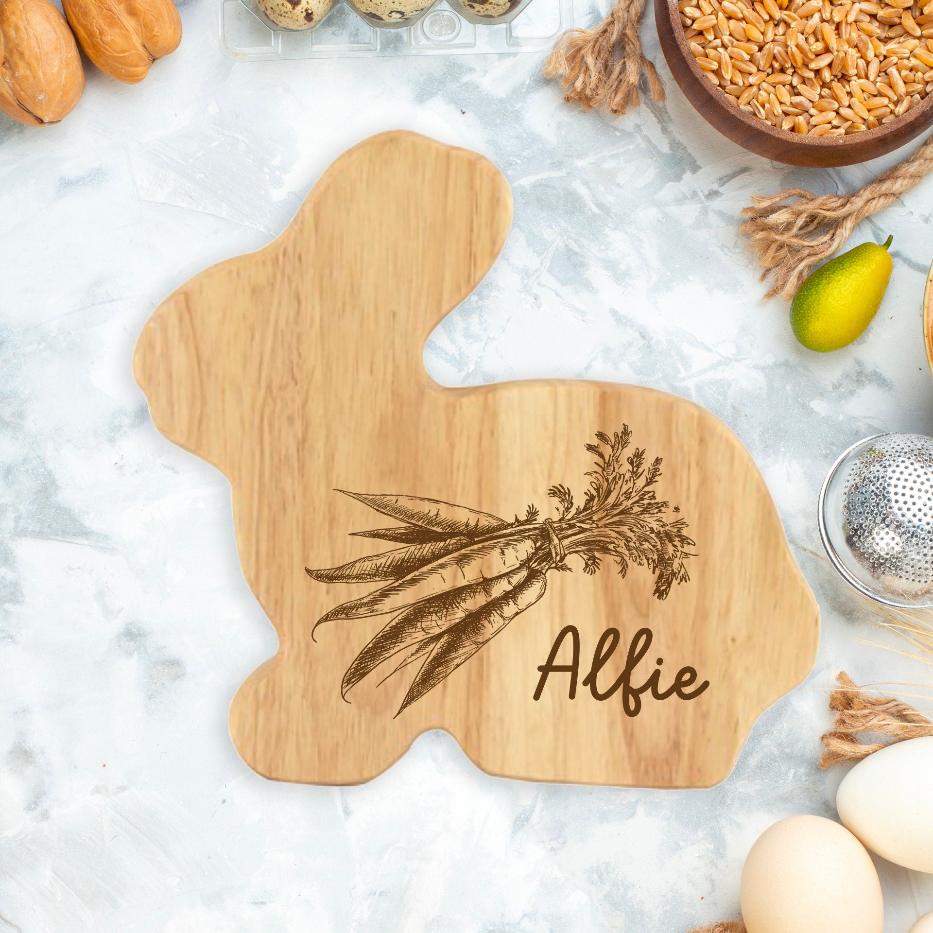 Personalised Engraved Bunny Shaped Easter Breakfast Board With Carrot Design, First Easter Gift