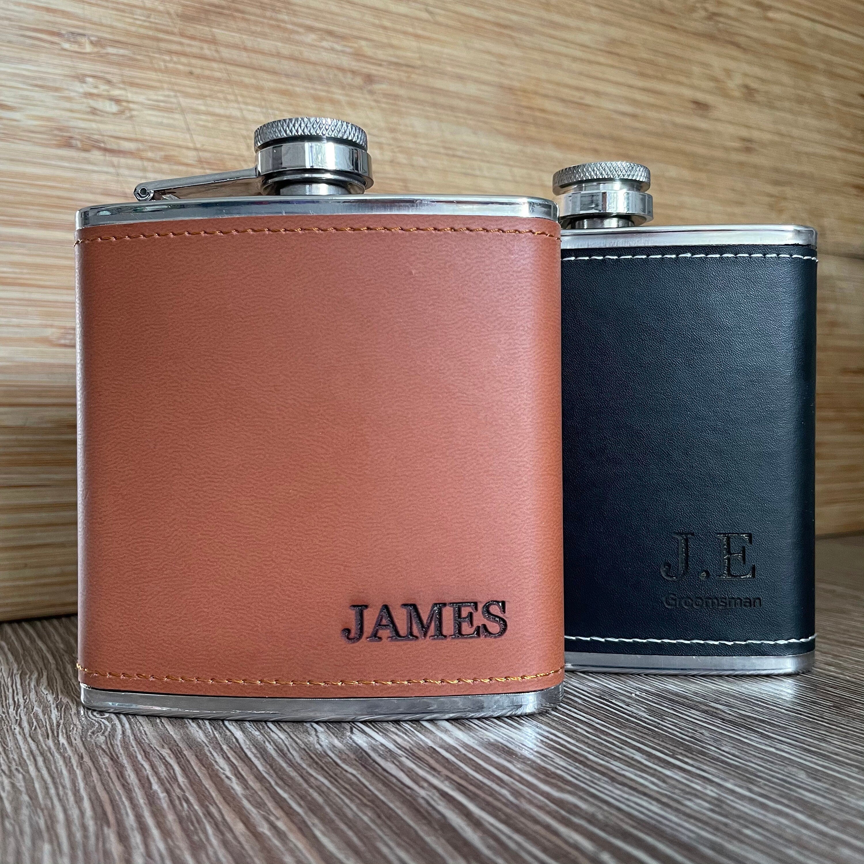 Personalised Engraved Pu Leather 6Oz Flask, Wedding Gift For Father Of The Bride Groom