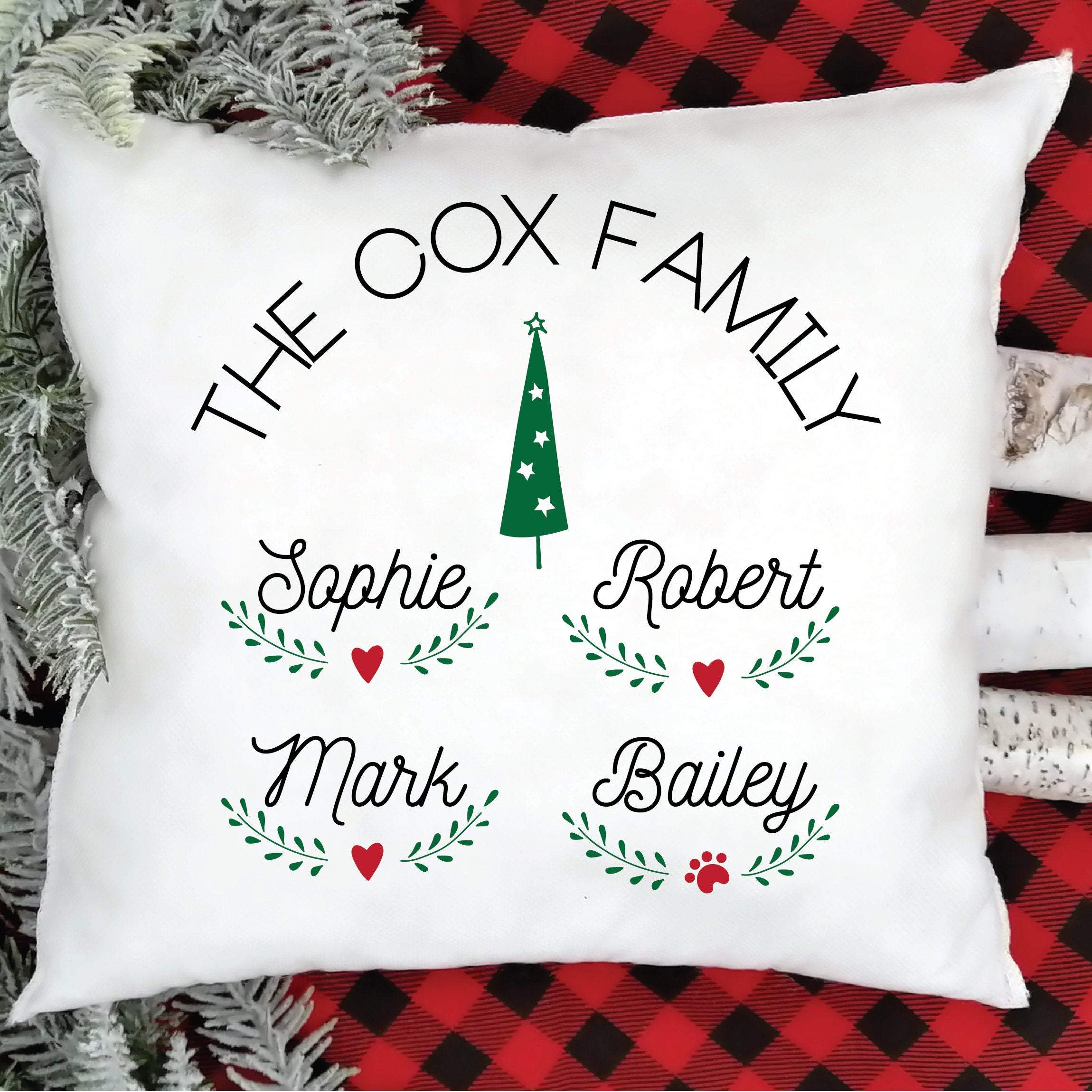 Personalised Family Christmas cushion cover with heart and paw prints, Xmas 2020 decorations