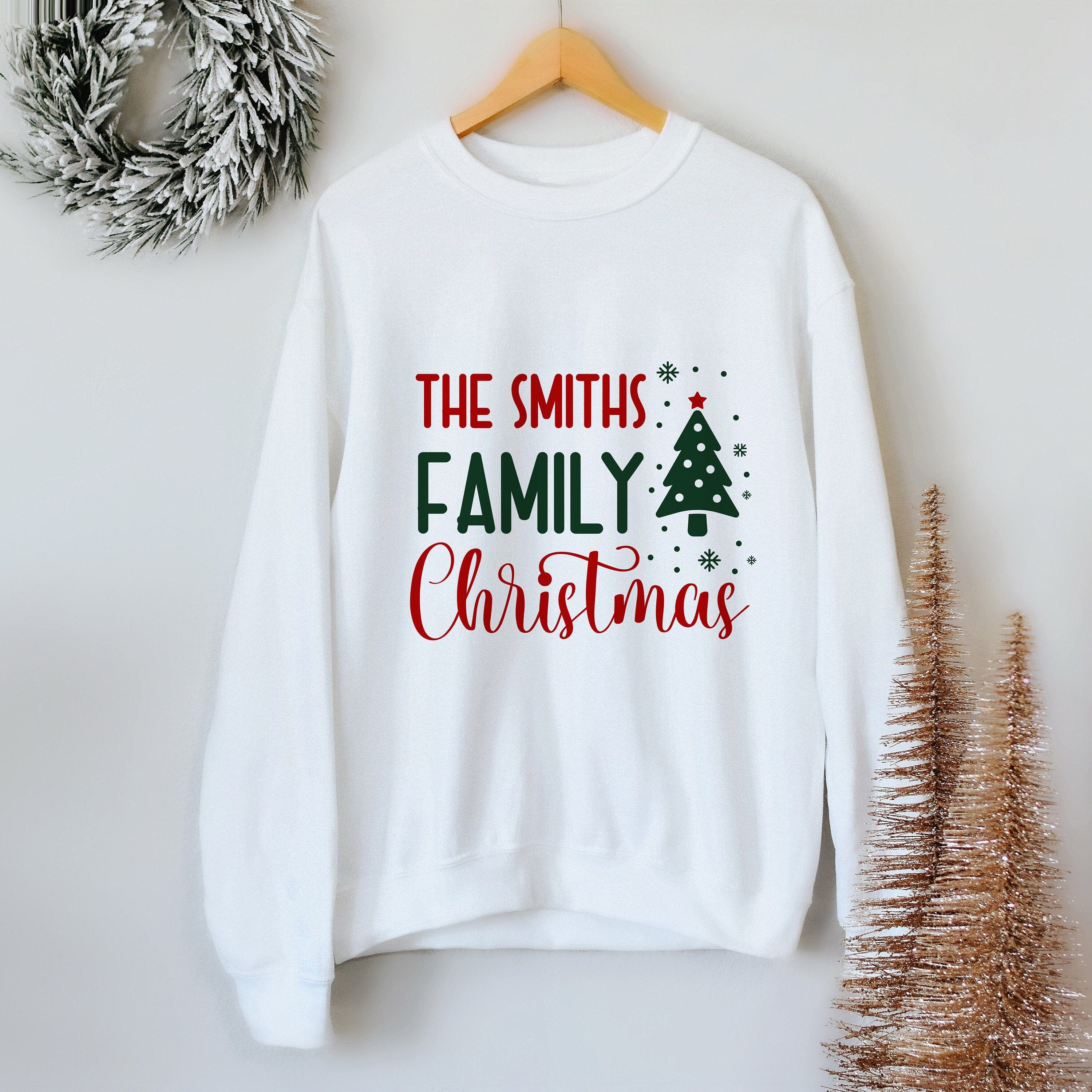 Personalised Family Christmas Jumper With Names, Matching Sweatshirt With Christmas Tree Design