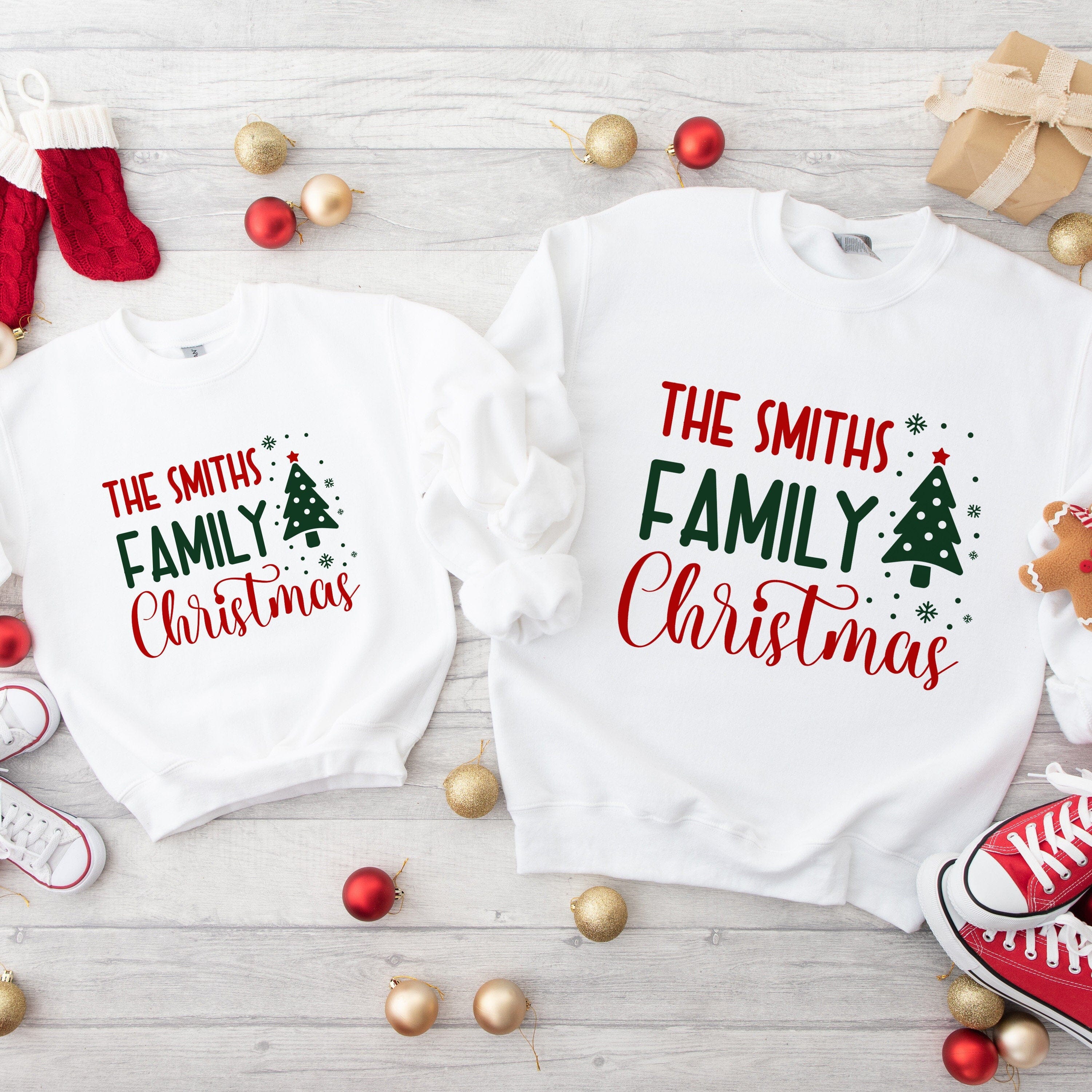 Personalised Family Christmas Jumper With Names, Matching Sweatshirt With Christmas Tree Design