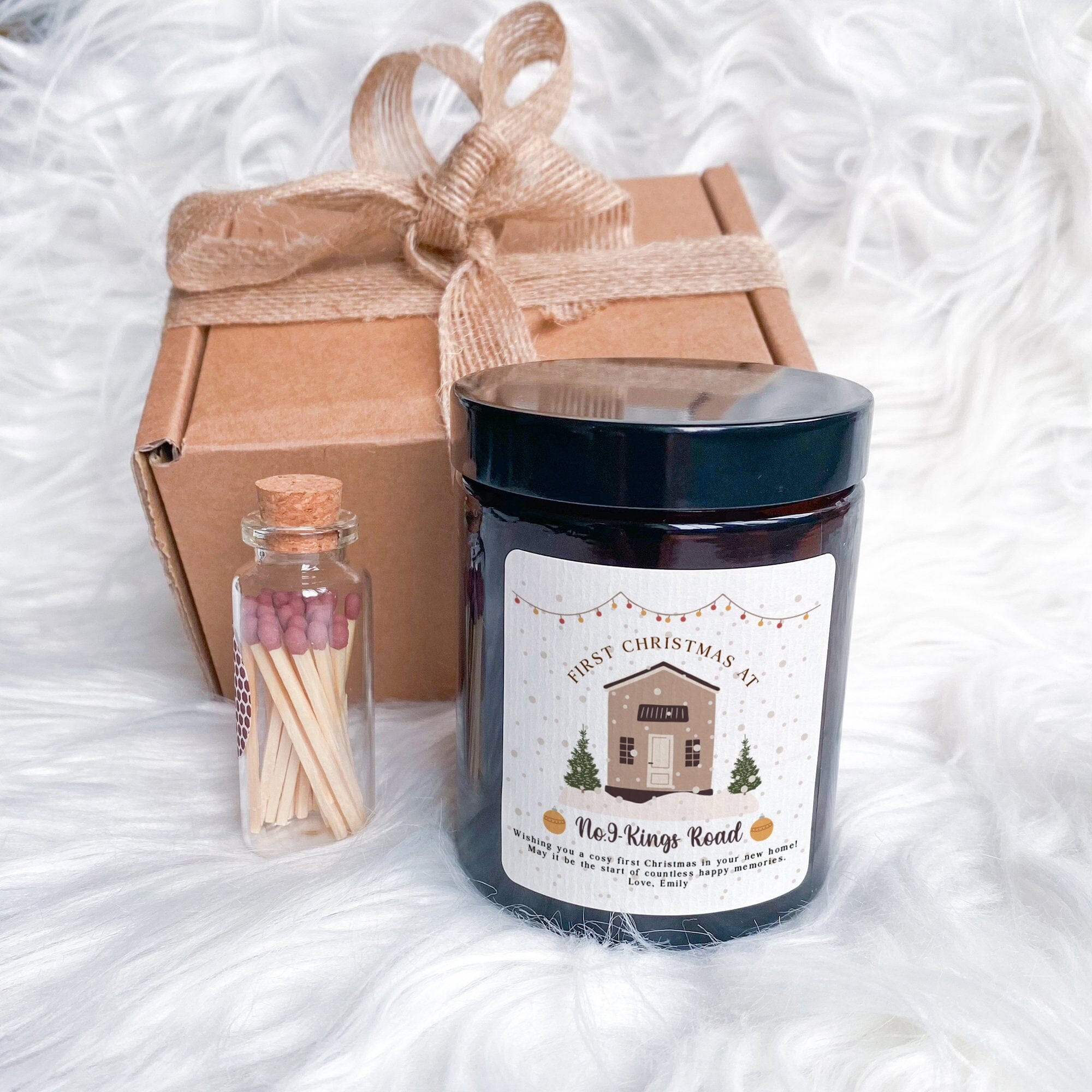 Personalised First Christmas at New Home Scented Candle Gift Set, Gift for New Home with Address and Your Text