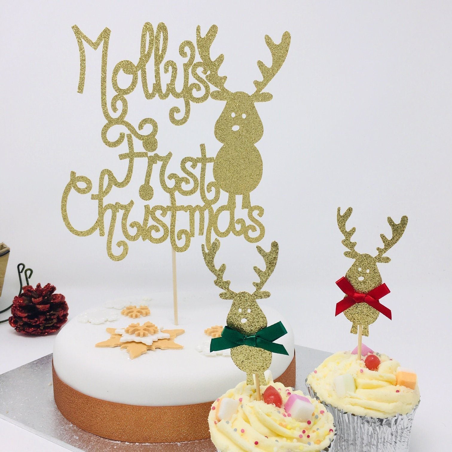 Personalised First Christmas Cake Topper with Cute Reindeer