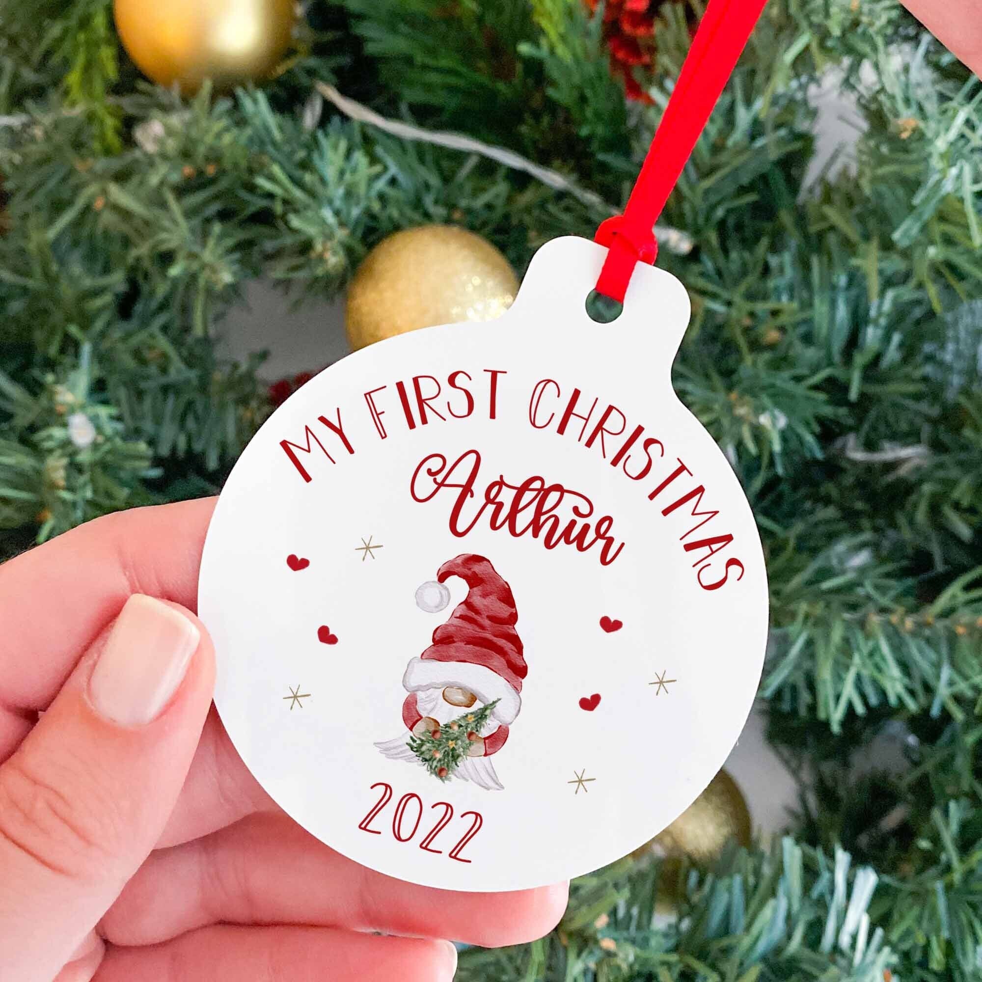 Personalised First Christmas Gnome Ornament With A Name, 1St Xmas Decoration Bauble For Kids Baby Boy Girl